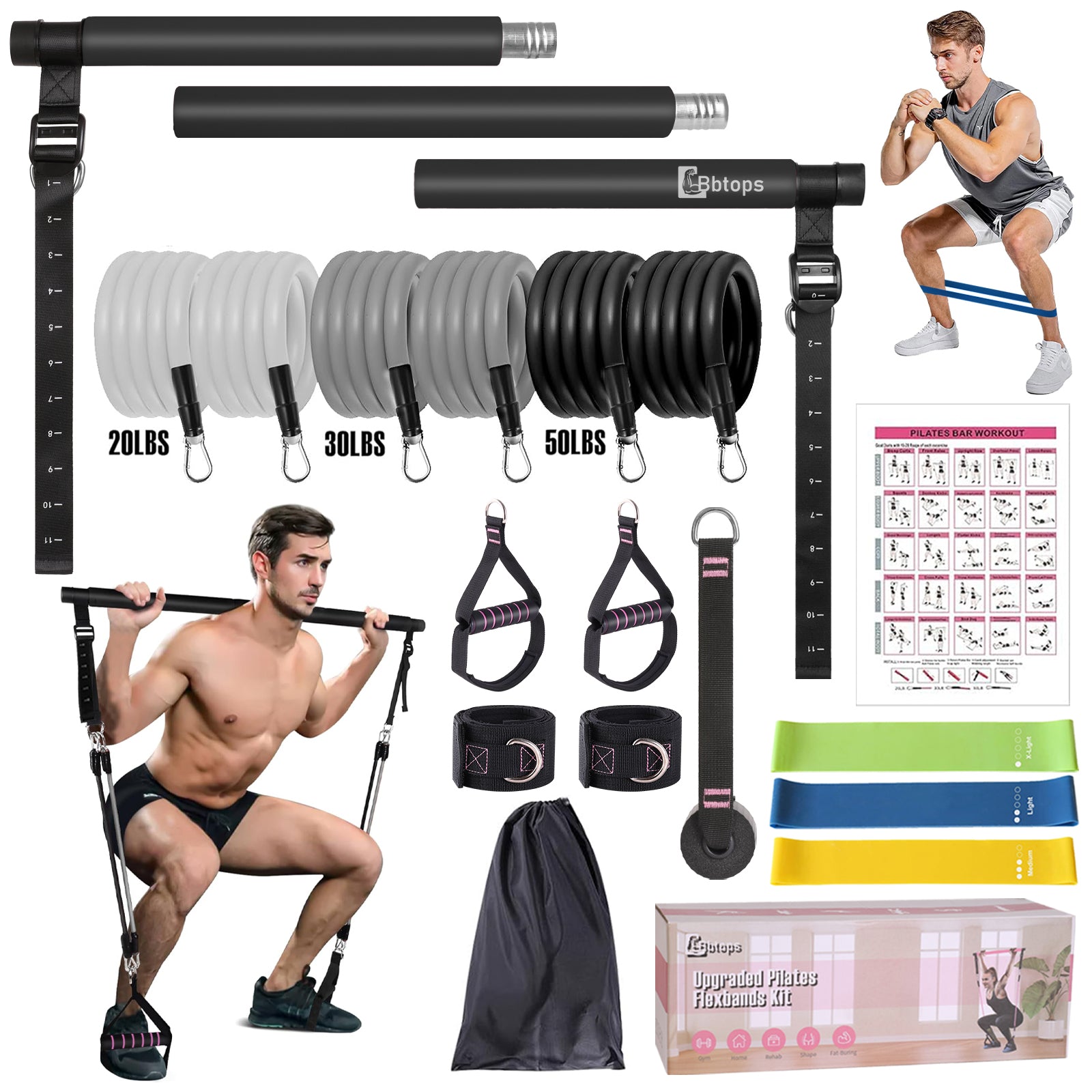 Bbtops Upgraded Multifunctional Screw Pilates Bar Kit with 6x Resistance Bands and 3x Resistance Bands,