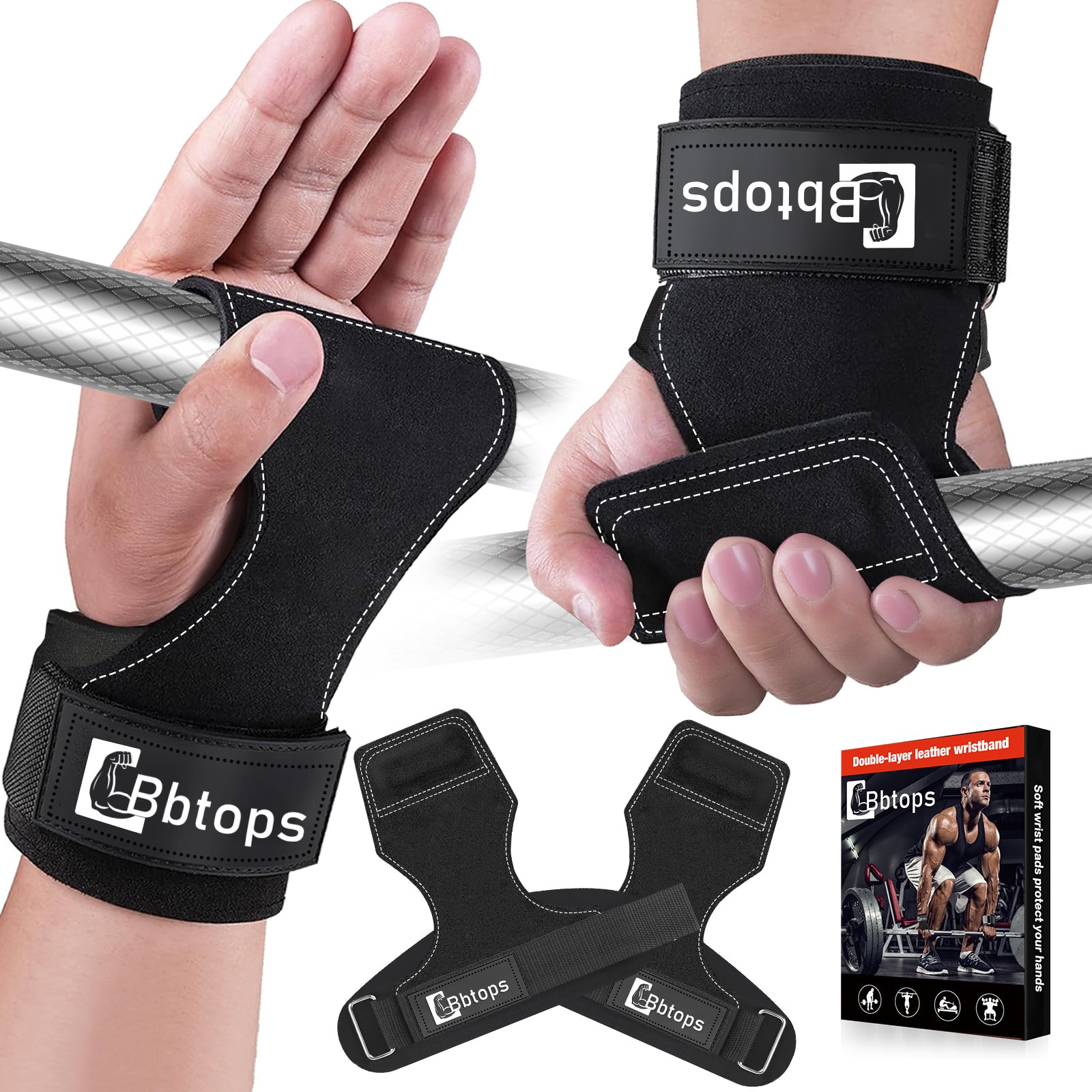 Weight Lifting Wrist Strap, Double-Layer Leather Wrist Straps for Gym Strength Training Weightlifting,Deadlift and Powerlifting, Enhance Grip Strength Neoprene Padding Gym Workout Lifting Straps Men/Women Pair Black