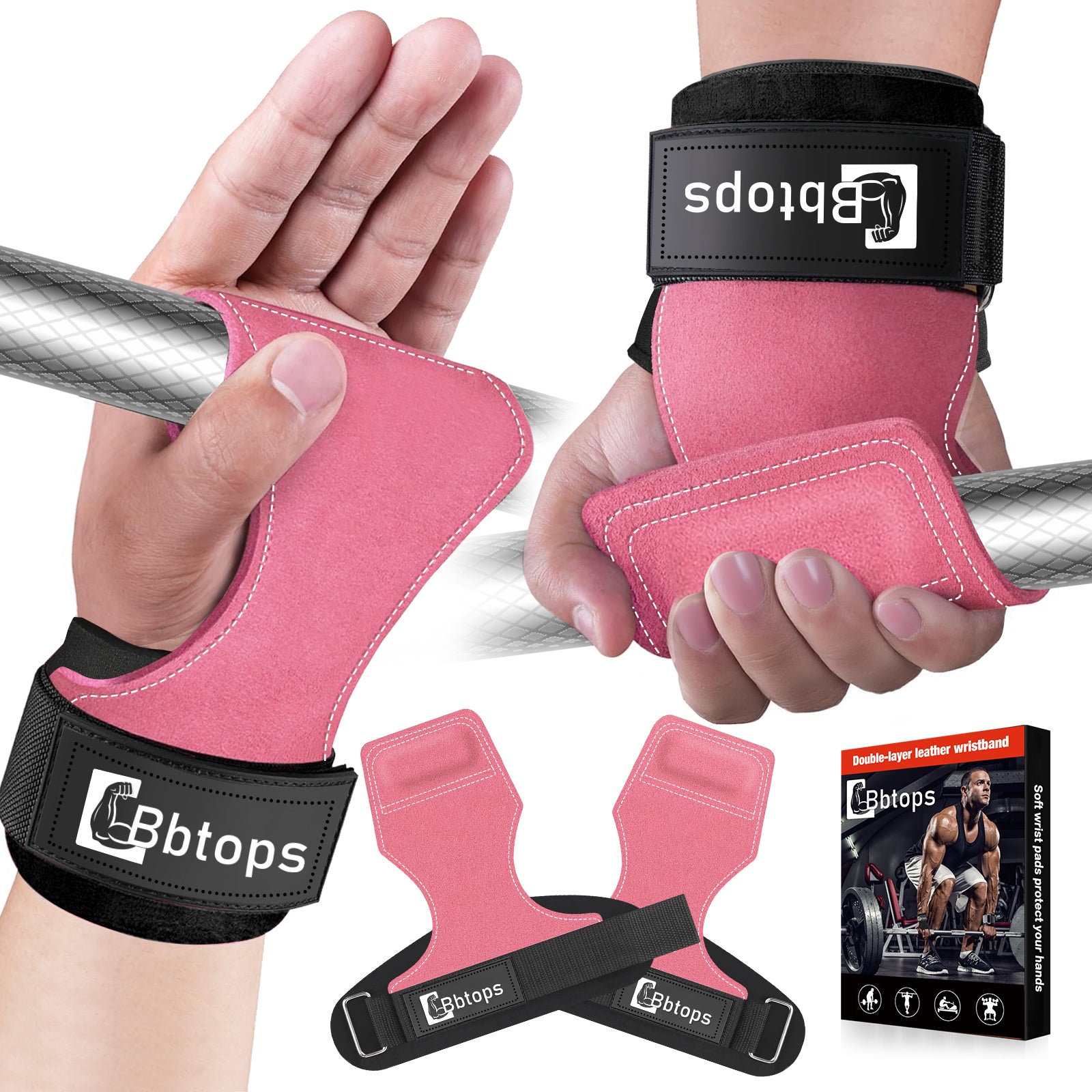 Weight Lifting Wrist Strap, Double-Layer Leather Wrist Straps for Gym Strength Training Weightlifting,Deadlift and Powerlifting, Enhance Grip Strength Neoprene Padding Gym Workout Lifting Straps Men/Women Pair Pink