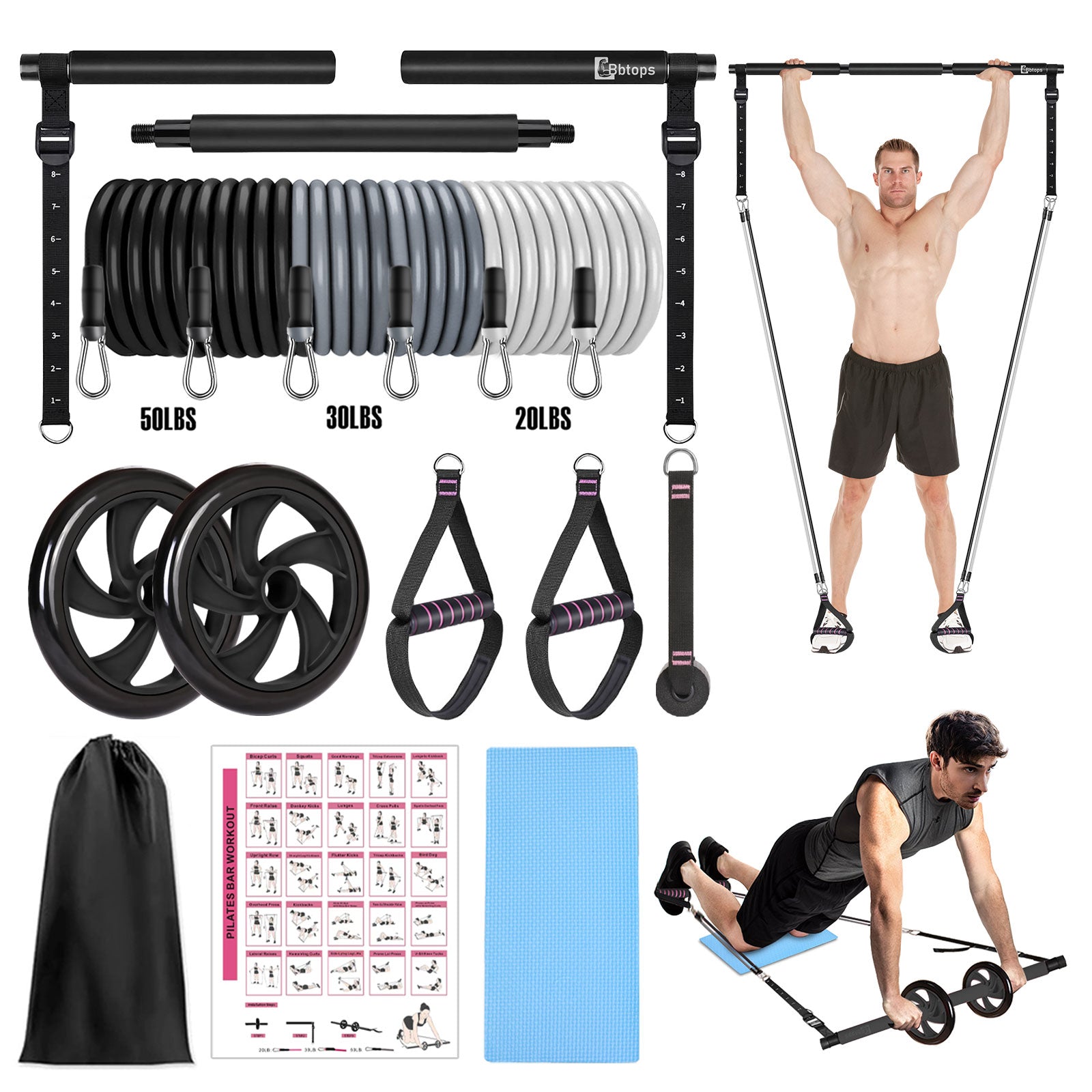Bbtops Pilates Bar Kit with 6x Resistance Bands and Ab Roller