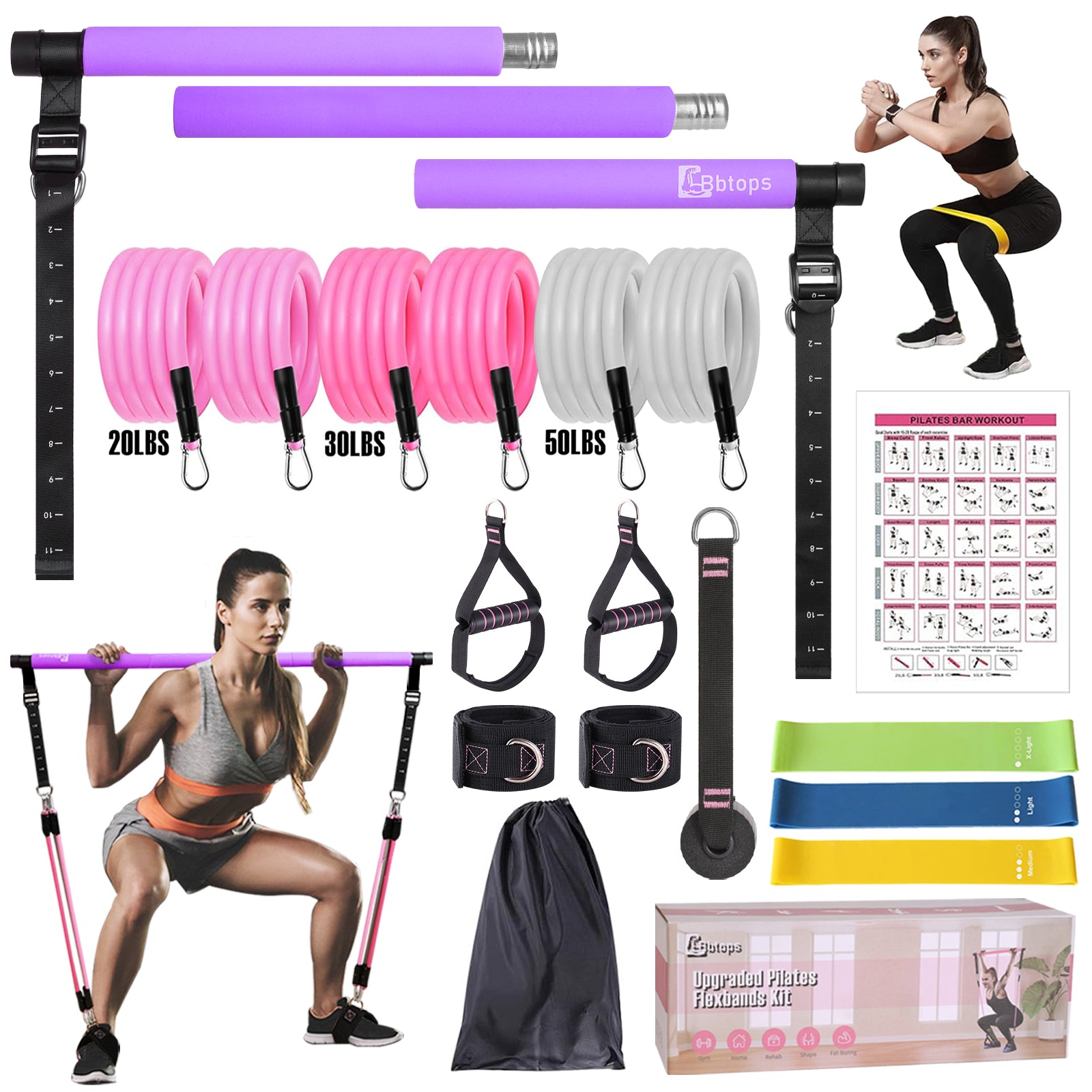 Bbtops Upgraded Multifunctional Screw Pilates Bar Kit with 6x Resistance Bands and 3x Resistance Bands,