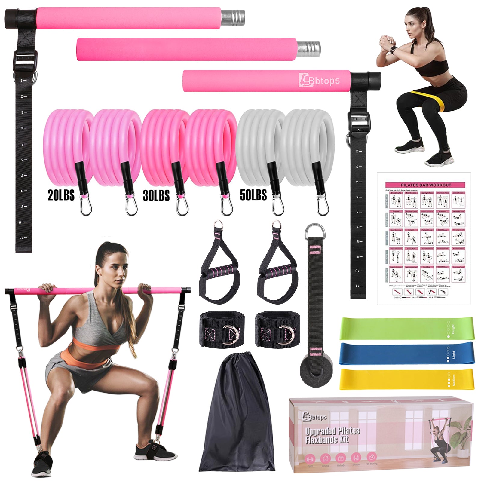 Bbtops Upgraded Multifunctional Screw Pilates Bar Kit with 6x Resistance Bands and 3x Resistance Bands,