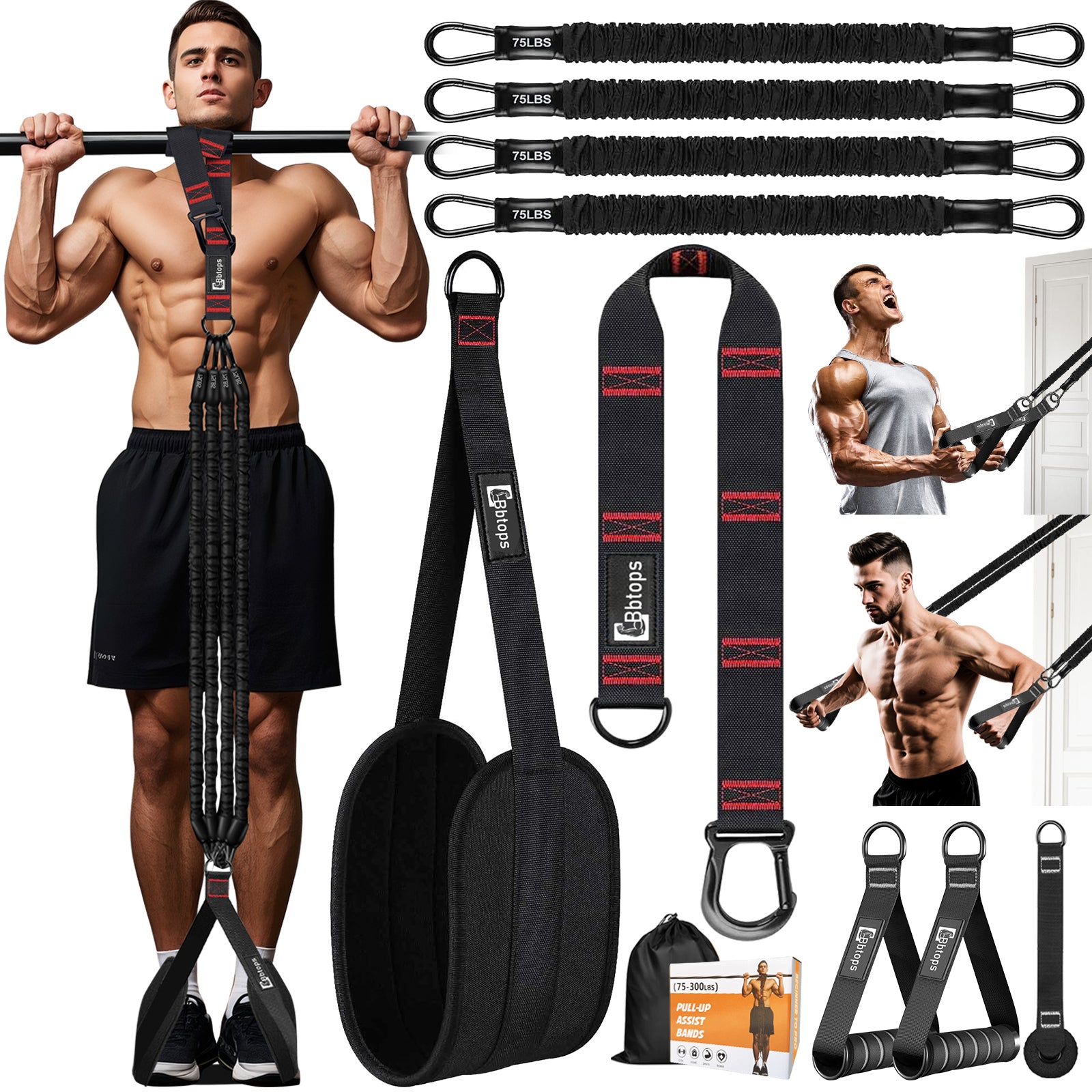 Pull Up Assistance Bands Set, 300 lbs Max Heavy Duty Resistance Bands with Adjustable Strap, Non-Slip Handle & Door Anchor, Full Body Strength Training Workout Equipment for Home Gym Fitness Black