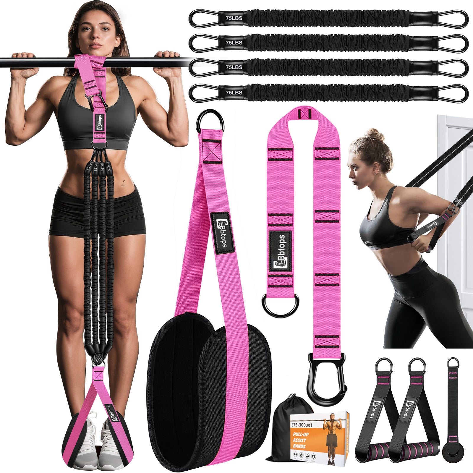 Pull Up Assistance Bands Set, 300 lbs Max Heavy Duty Resistance Bands with Adjustable Strap, Non-Slip Handle & Door Anchor, Full Body Strength Training Workout Equipment for Home Gym Fitness Pink