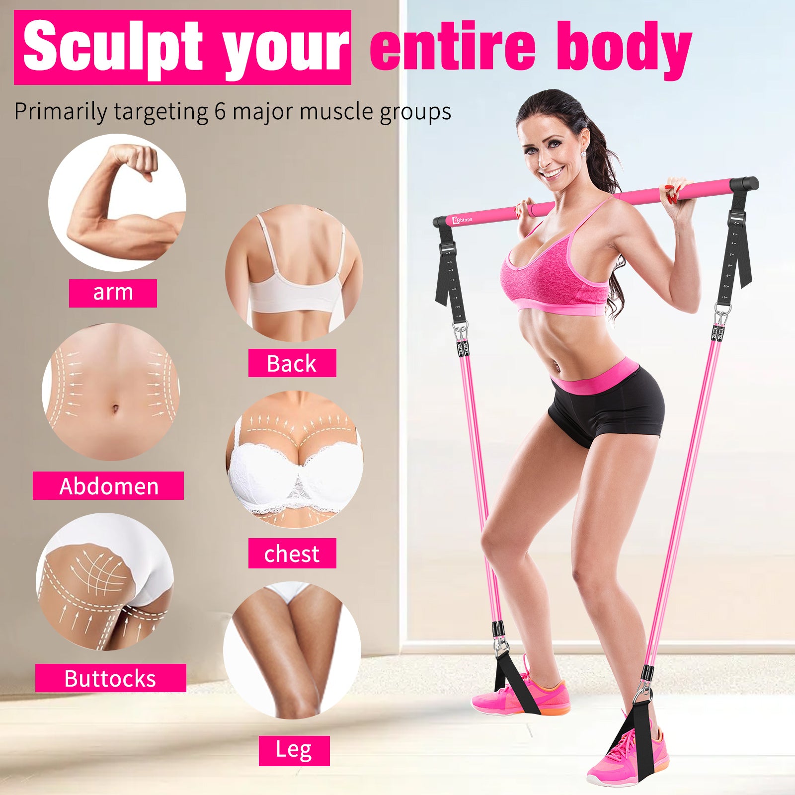 Bbtops Pilates Bar Kit with Resistance Bands,Pilates Bar with Stackable Bands Workout Equipment for Legs,Hip,Waist and Arm,Exercise Fitness Equipment for Women & Men Home Gym Yoga Pilates Pink