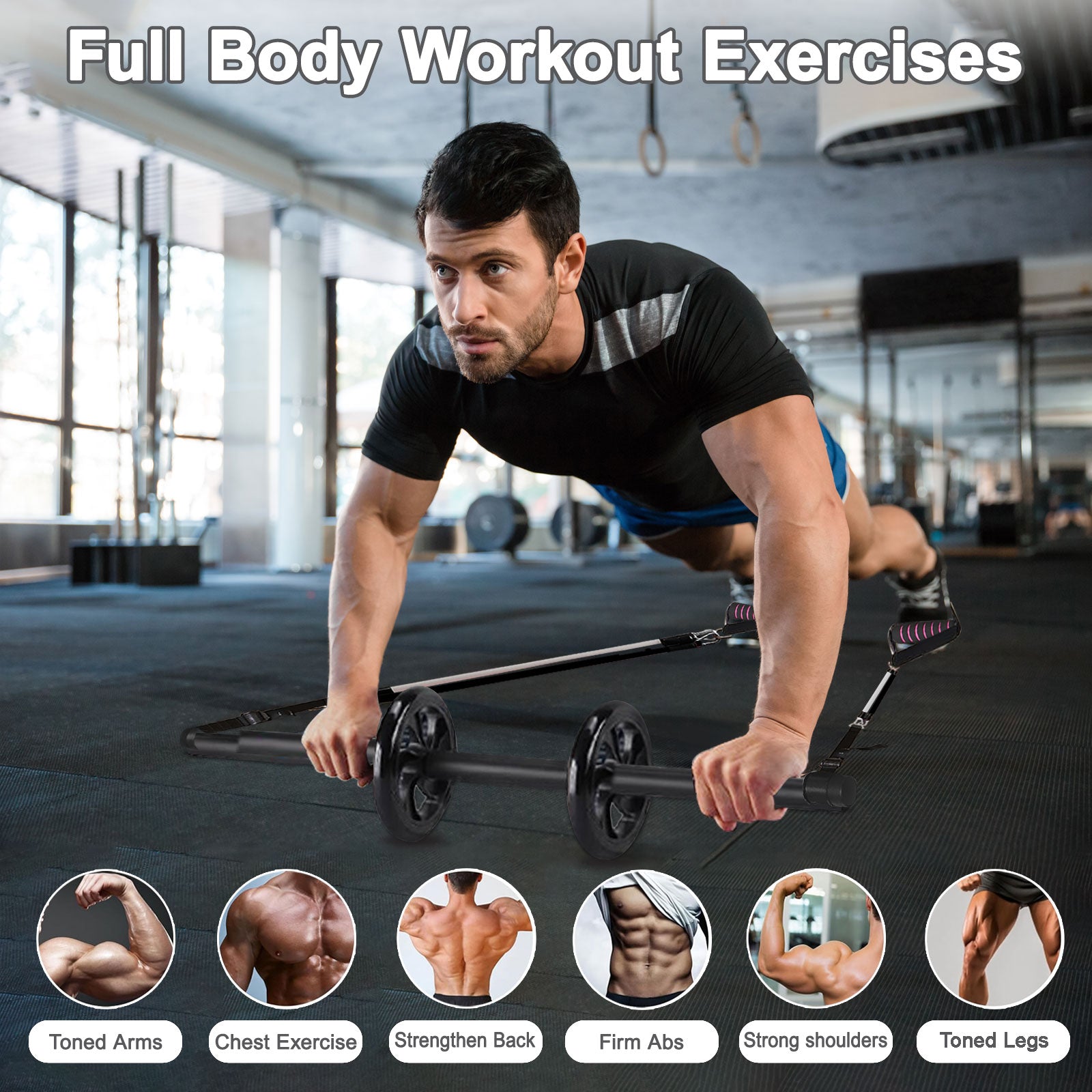 Bbtops Pilates Bar Kit with 6x Resistance Bands and Ab Roller