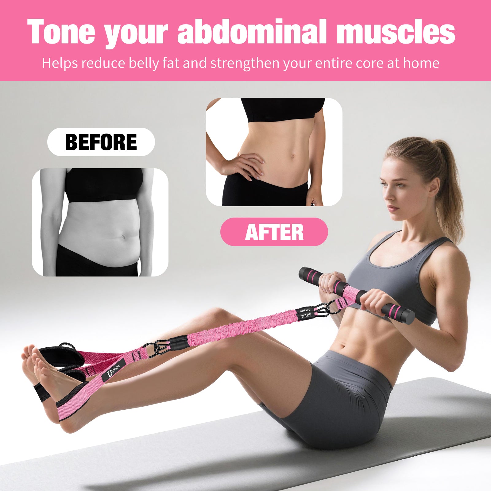 Bbtops Pedal Resistance Band with Handle, 30-120LBS Adjustable 3-Tube Foot Resistance Bands for Home Workout, Core Abs Legs Arms Training, Portable Sit Up Exercise Equipment for Women Men Pink
