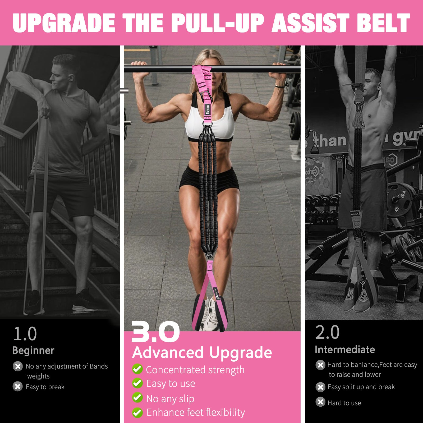 Pull Up Assistance Bands Set, 300 lbs Max Heavy Duty Resistance Bands with Adjustable Strap, Non-Slip Handle & Door Anchor, Full Body Strength Training Workout Equipment for Home Gym Fitness Pink