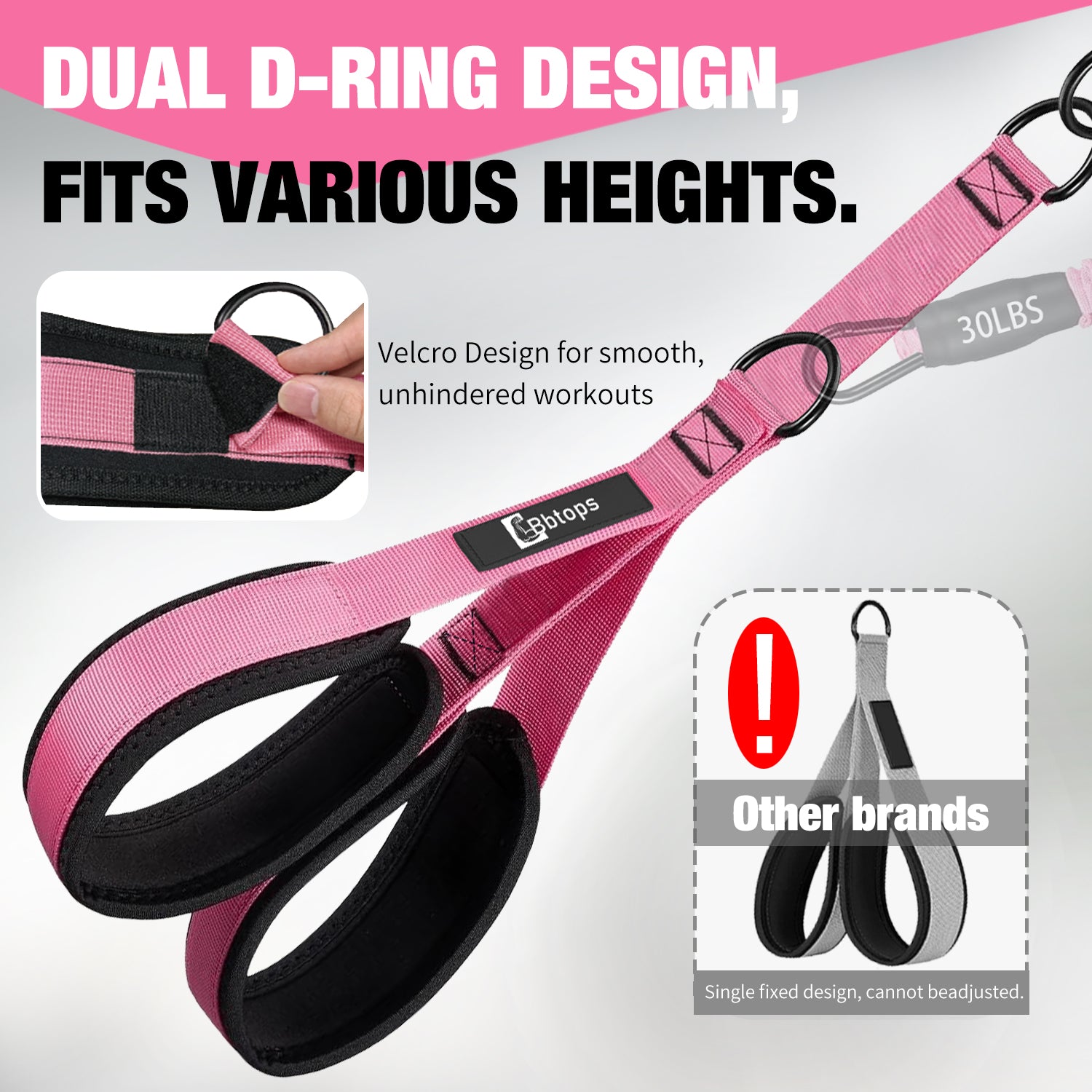 Bbtops Pedal Resistance Band with Handle, 30-120LBS Adjustable 3-Tube Foot Resistance Bands for Home Workout, Core Abs Legs Arms Training, Portable Sit Up Exercise Equipment for Women Men Pink