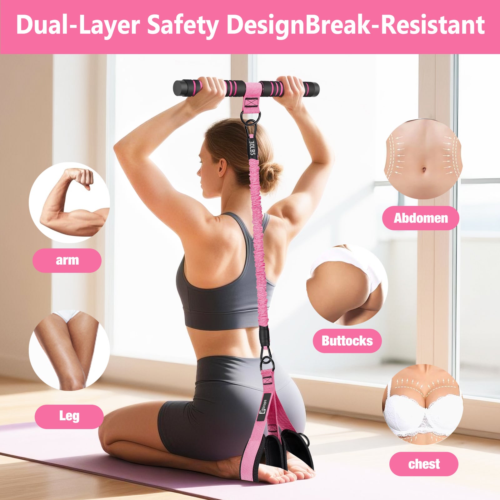 Bbtops Pedal Resistance Band with Handle, 30-120LBS Adjustable 3-Tube Foot Resistance Bands for Home Workout, Core Abs Legs Arms Training, Portable Sit Up Exercise Equipment for Women Men Pink