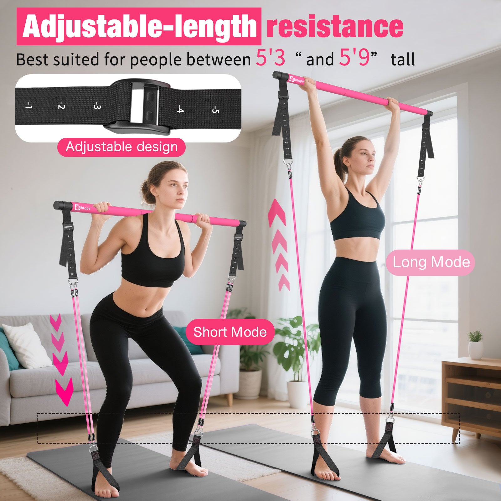 Bbtops Pilates Bar Kit with Resistance Bands,Pilates Bar with Stackable Bands Workout Equipment for Legs,Hip,Waist and Arm,Exercise Fitness Equipment for Women & Men Home Gym Yoga Pilates Pink