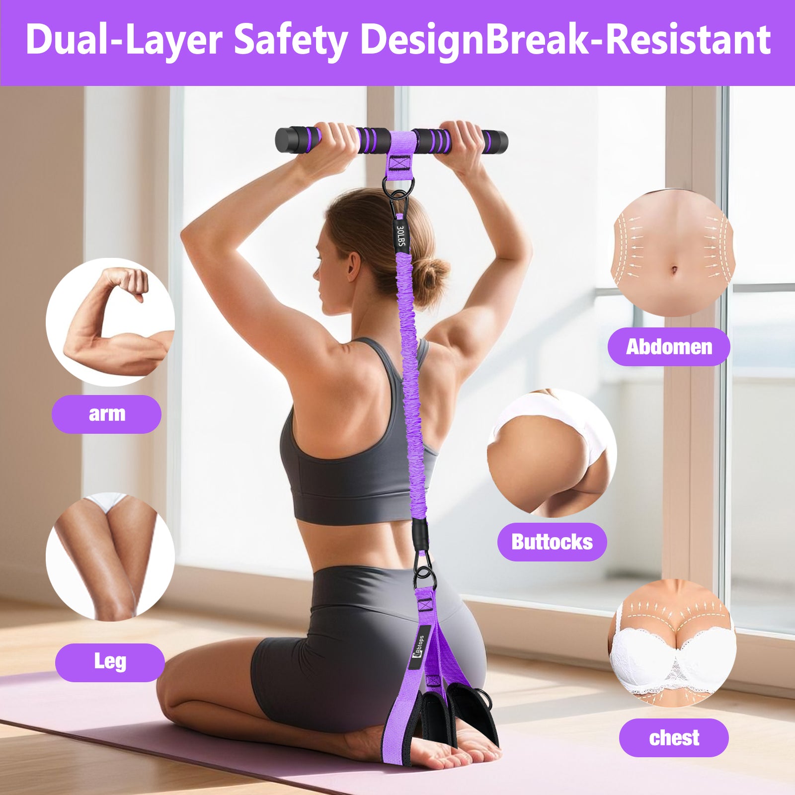 Bbtops Pedal Resistance Band with Handle, 30-120LBS Adjustable 3-Tube Foot Resistance Bands for Home Workout, Core Abs Legs Arms Training, Portable Sit Up Exercise Equipment for Women Men Purple
