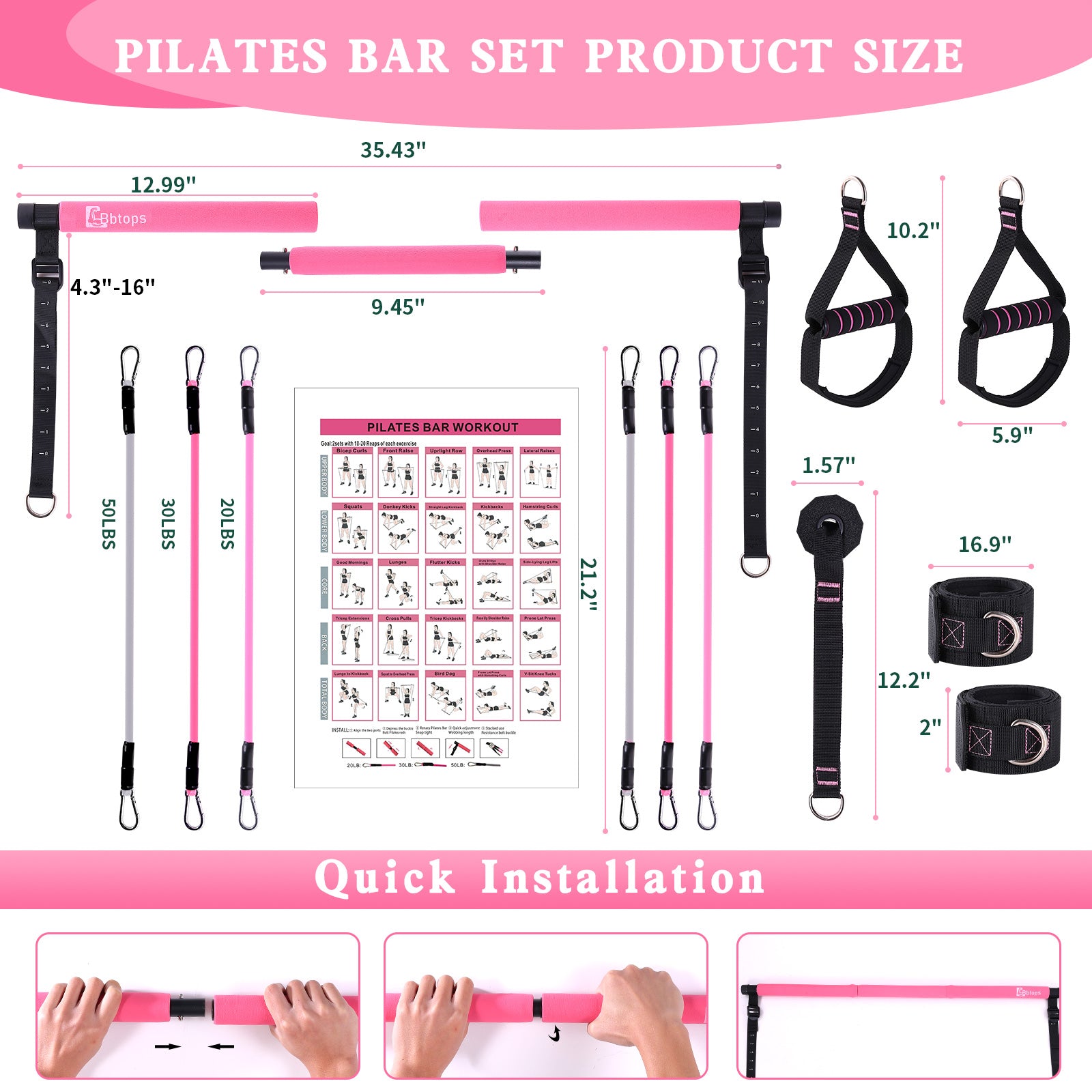 Bbtops Pilates Bar Kit with 6x Resistance Bands (20lbs/30lbs/50lbs)