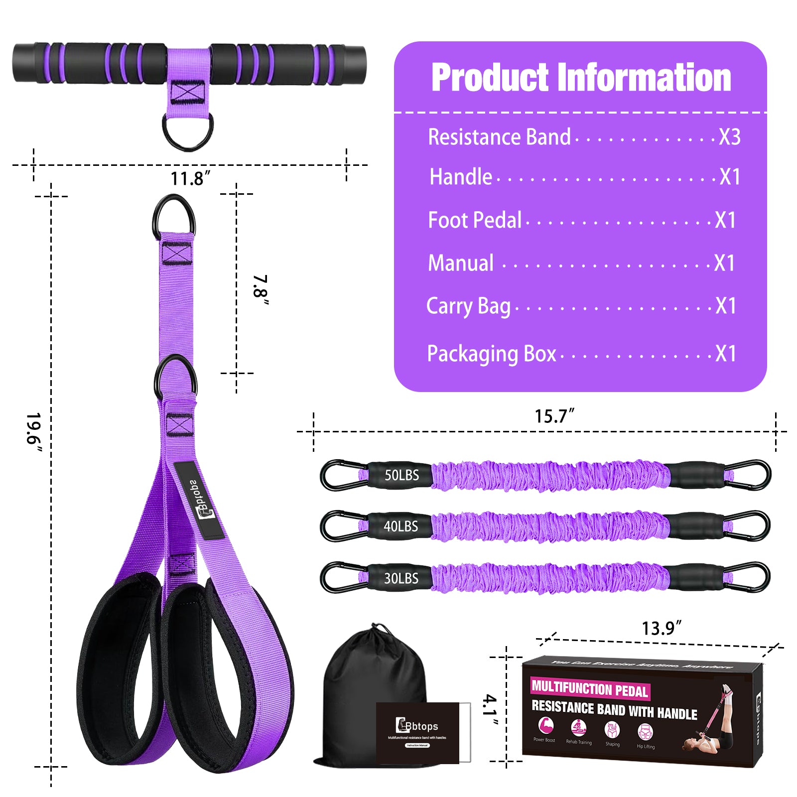Bbtops Pedal Resistance Band with Handle, 30-120LBS Adjustable 3-Tube Foot Resistance Bands for Home Workout, Core Abs Legs Arms Training, Portable Sit Up Exercise Equipment for Women Men Purple