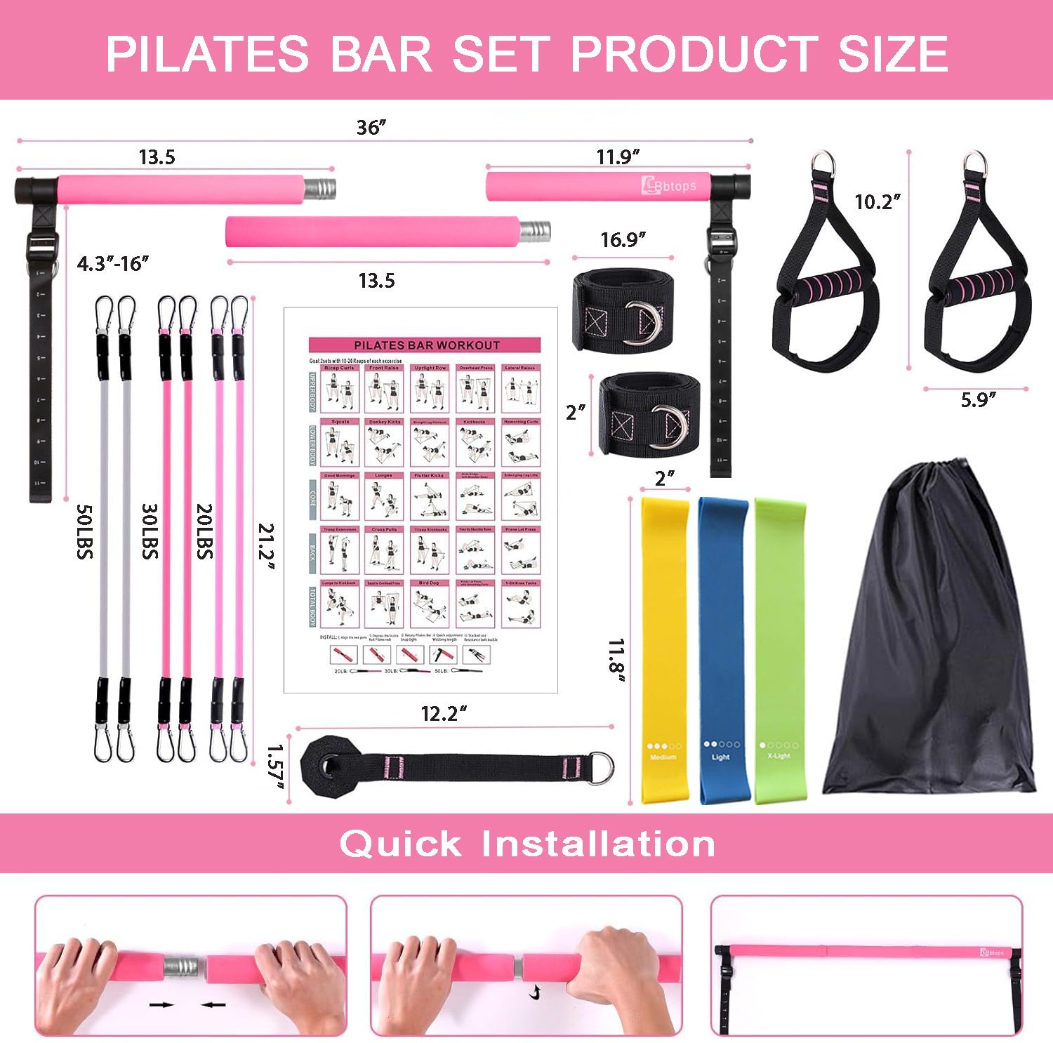 Bbtops Upgraded Multifunctional Screw Pilates Bar Kit with 6x Resistance Bands and 3x Resistance Bands,