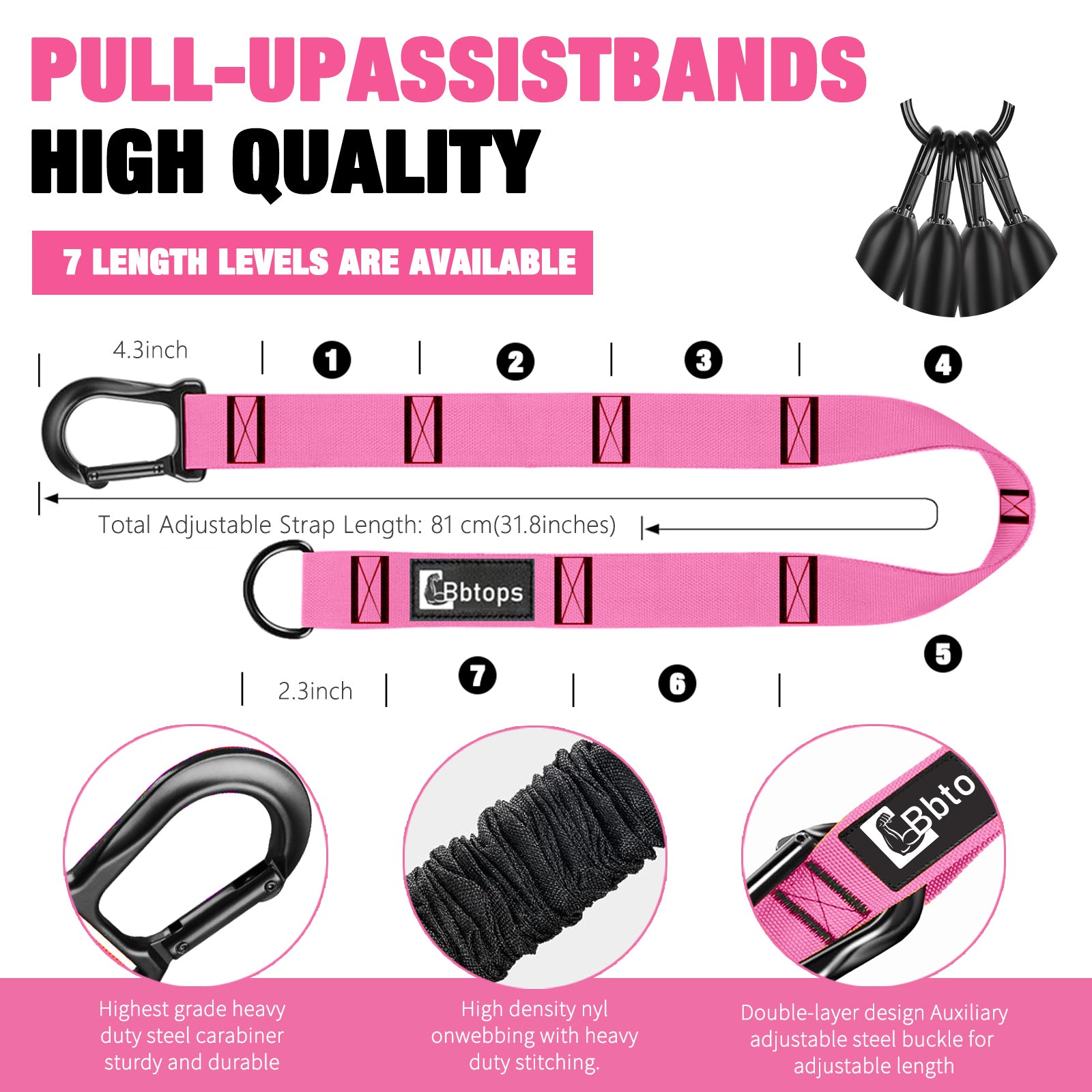 Pull Up Assistance Bands Set, 300 lbs Max Heavy Duty Resistance Bands with Adjustable Strap, Non-Slip Handle & Door Anchor, Full Body Strength Training Workout Equipment for Home Gym Fitness Pink
