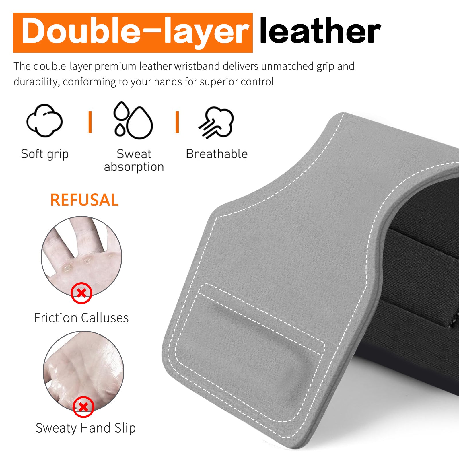 Weight Lifting Wrist Strap, Double-Layer Leather Wrist Straps for Gym Strength Training Weightlifting,Deadlift and Powerlifting, Enhance Grip Strength Neoprene Padding Gym Workout Lifting Straps Men/Women Pair Grey