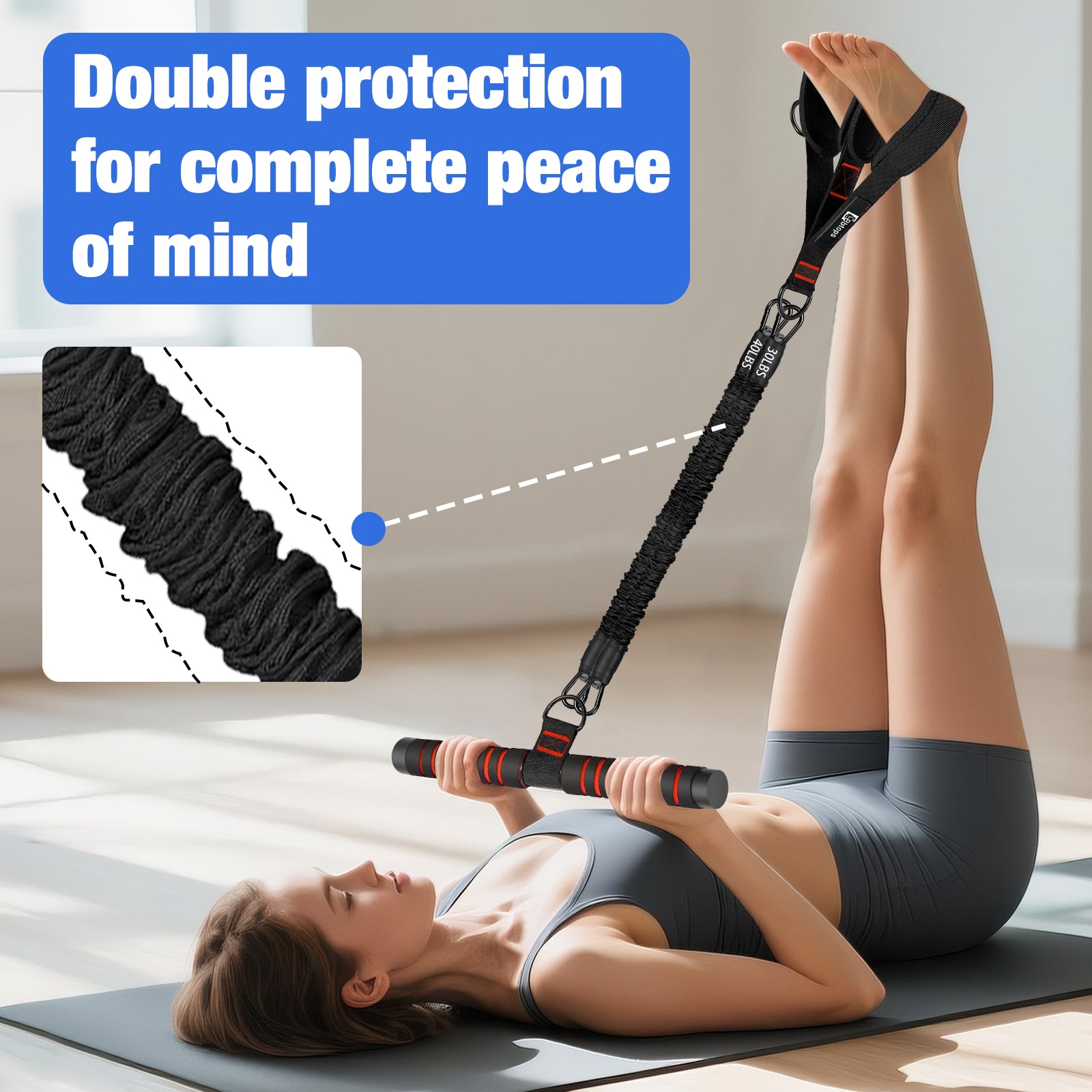 Bbtops Pedal Resistance Band with Handle, 30-120LBS Adjustable 3-Tube Foot Resistance Bands for Home Workout, Core Abs Legs Arms Training, Portable Sit Up Exercise Equipment for Women Men Blac