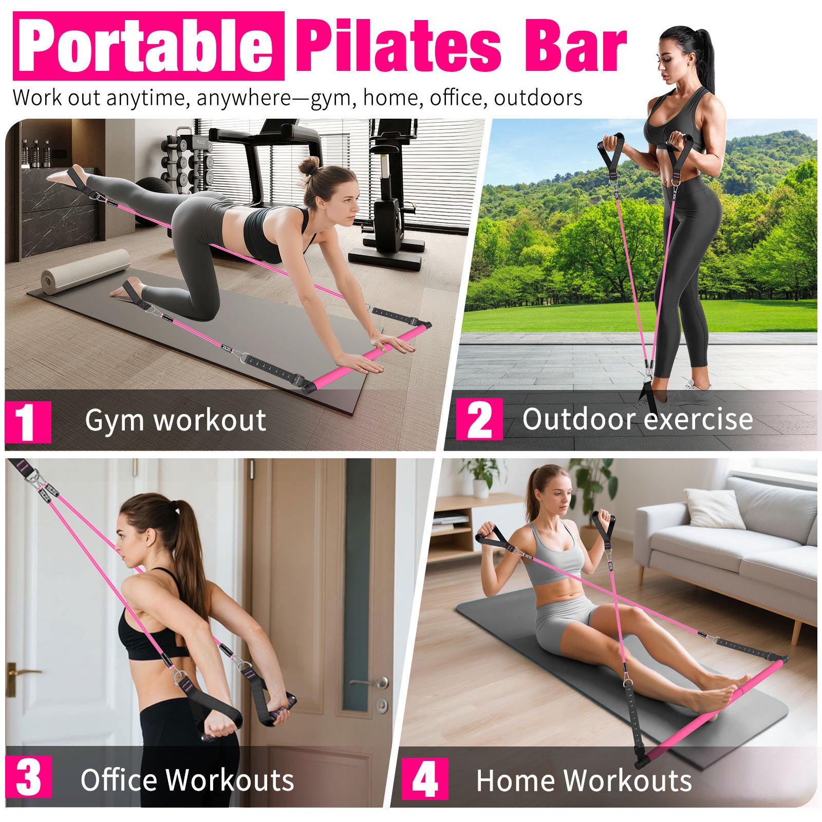 Bbtops Pilates Bar Kit with Resistance Bands,Pilates Bar with Stackable Bands Workout Equipment for Legs,Hip,Waist and Arm,Exercise Fitness Equipment for Women & Men Home Gym Yoga Pilates Pink