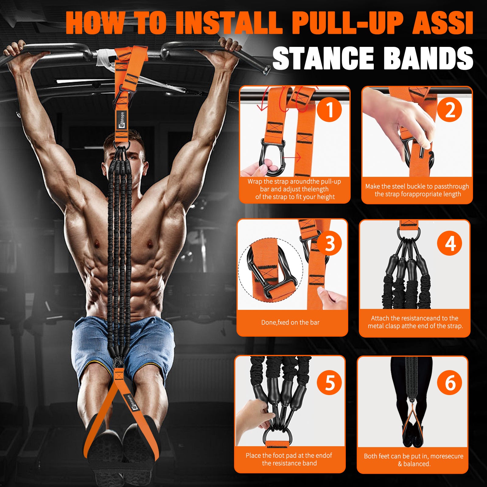 Pull Up Assistance Bands Set, 300 lbs Max Heavy Duty Resistance Bands with Adjustable Strap, Non-Slip Handle & Door Anchor, Full Body Strength Training Workout Equipment for Home Gym Fitness Orange