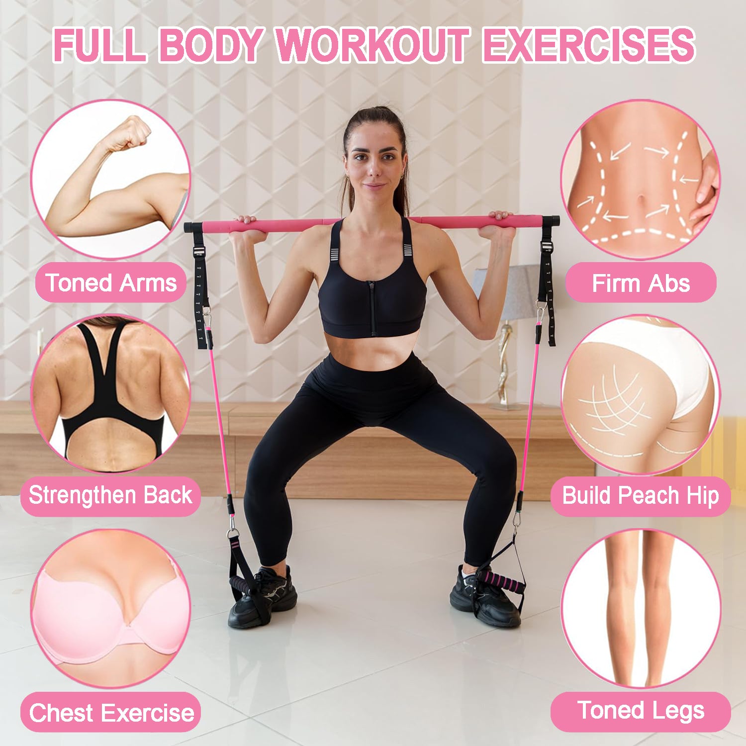 Bbtops Upgraded Multifunctional Screw Pilates Bar Kit with 6x Resistance Bands and 3x Resistance Bands,