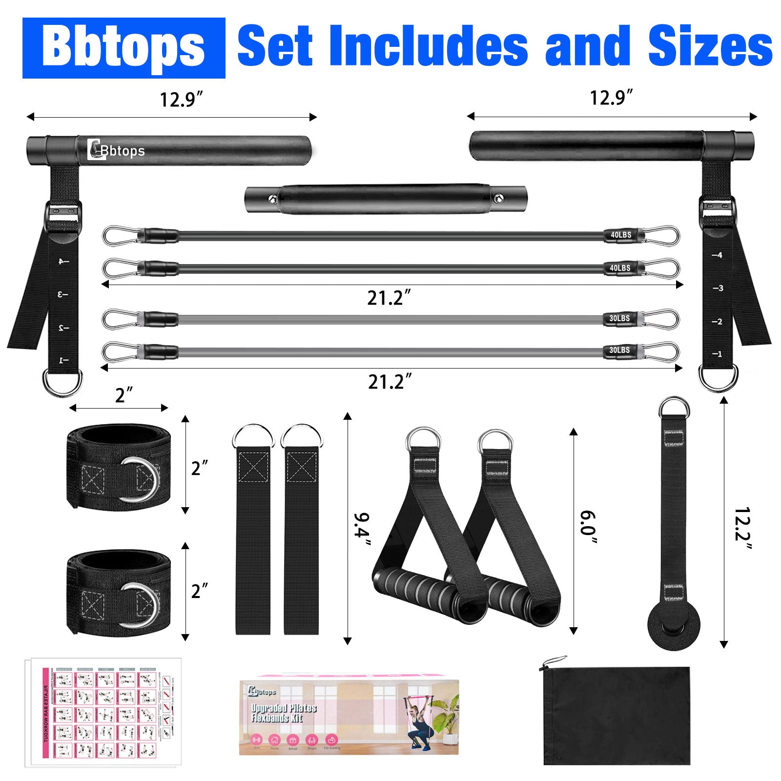 Bbtops Pilates Bar Kit with Resistance Bands,Pilates Bar with Stackable Bands Workout Equipment for Legs,Hip,Waist and Arm,Exercise Fitness Equipment for Women & Men Home Gym Yoga Pilates Black