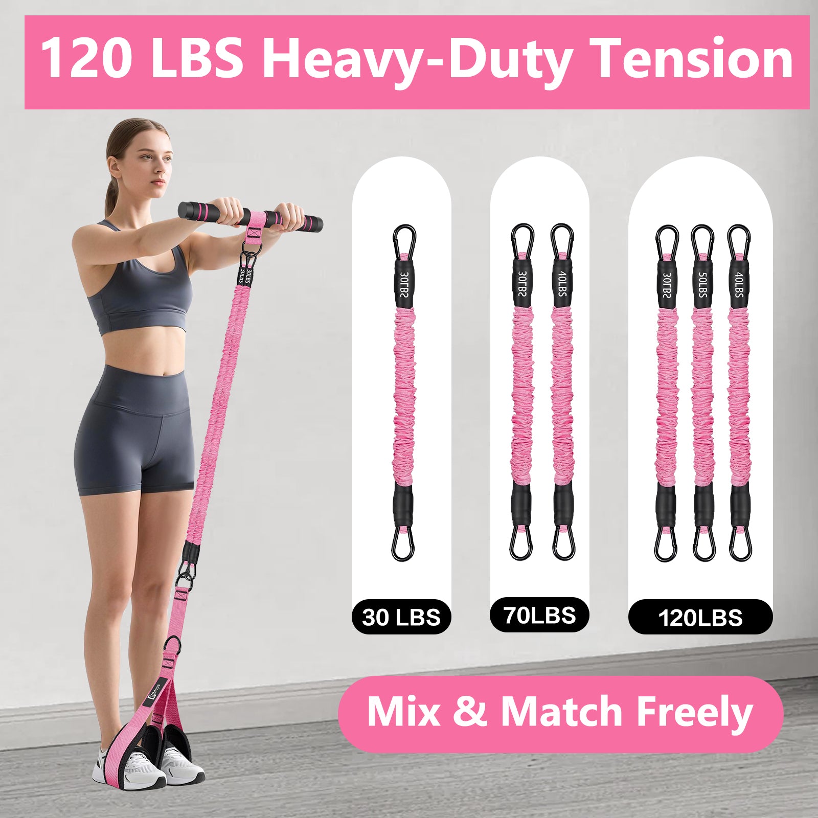 Bbtops Pedal Resistance Band with Handle, 30-120LBS Adjustable 3-Tube Foot Resistance Bands for Home Workout, Core Abs Legs Arms Training, Portable Sit Up Exercise Equipment for Women Men Pink