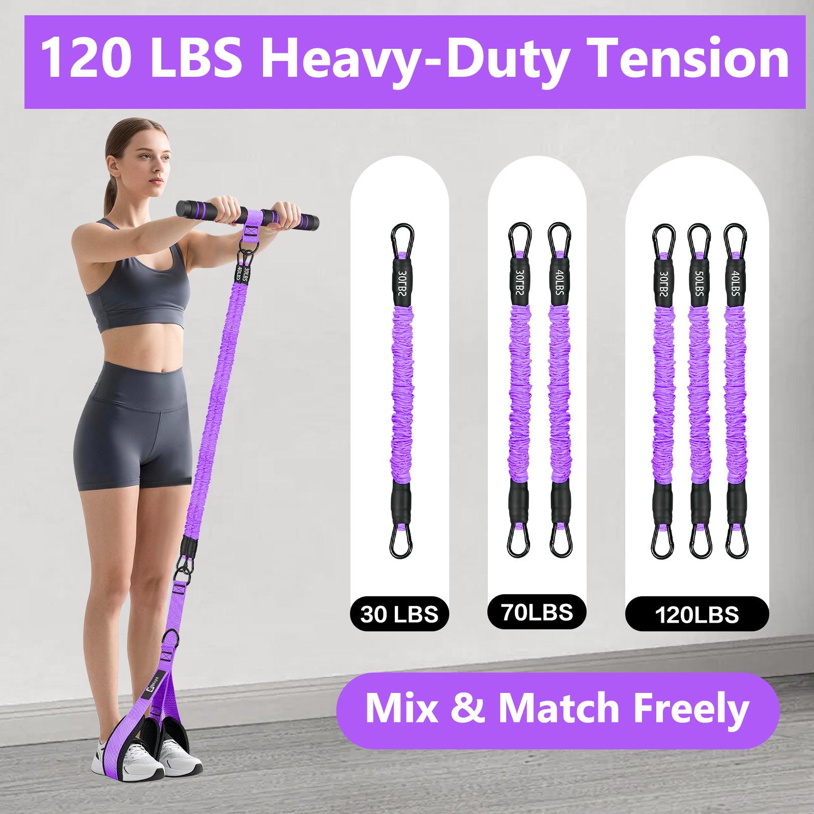 Bbtops Pedal Resistance Band with Handle, 30-120LBS Adjustable 3-Tube Foot Resistance Bands for Home Workout, Core Abs Legs Arms Training, Portable Sit Up Exercise Equipment for Women Men Purple