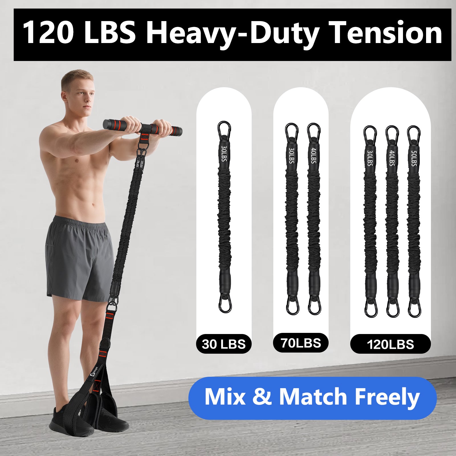 Bbtops Pedal Resistance Band with Handle, 30-120LBS Adjustable 3-Tube Foot Resistance Bands for Home Workout, Core Abs Legs Arms Training, Portable Sit Up Exercise Equipment for Women Men Blac