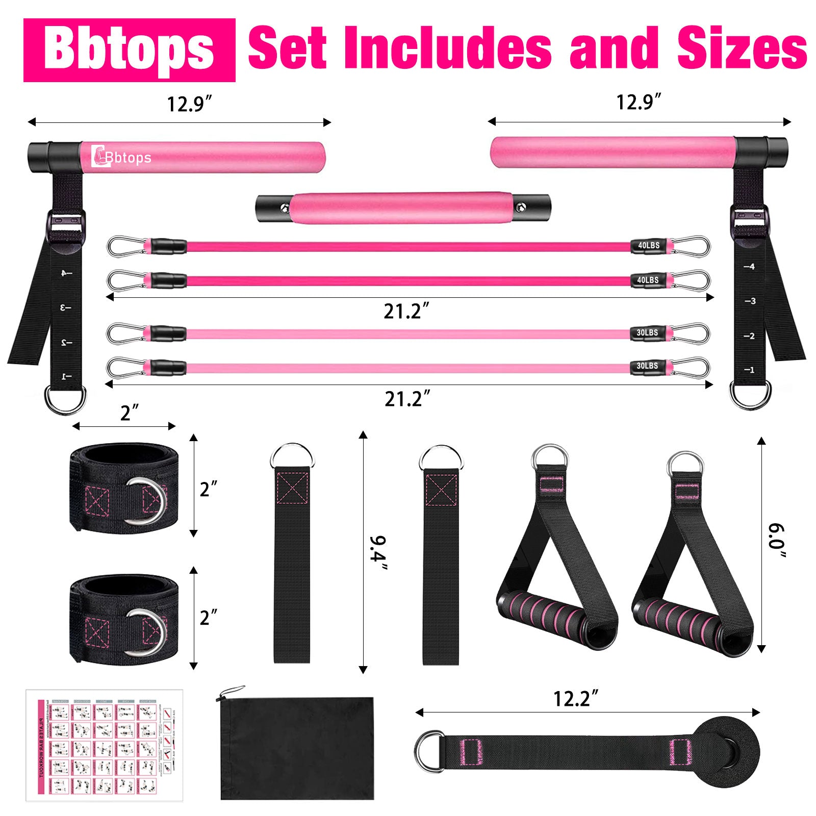 Bbtops Pilates Bar Kit with Resistance Bands,Pilates Bar with Stackable Bands Workout Equipment for Legs,Hip,Waist and Arm,Exercise Fitness Equipment for Women & Men Home Gym Yoga Pilates Pink