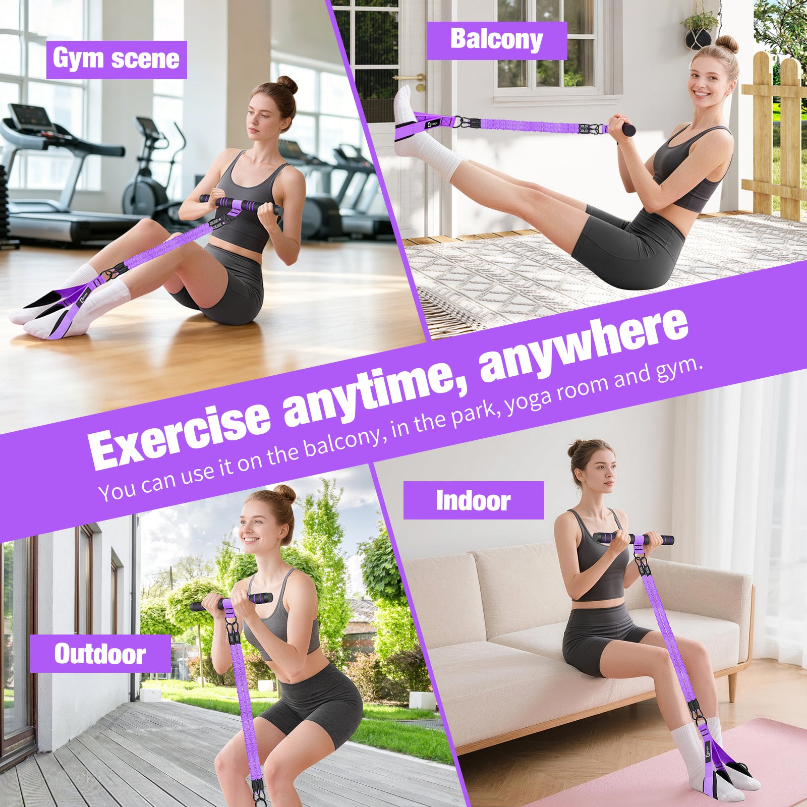Bbtops Pedal Resistance Band with Handle, 30-120LBS Adjustable 3-Tube Foot Resistance Bands for Home Workout, Core Abs Legs Arms Training, Portable Sit Up Exercise Equipment for Women Men Purple