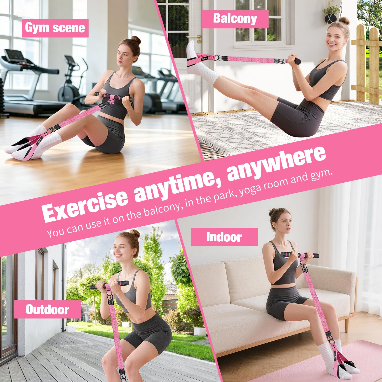 Bbtops Pedal Resistance Band with Handle, 30-120LBS Adjustable 3-Tube Foot Resistance Bands for Home Workout, Core Abs Legs Arms Training, Portable Sit Up Exercise Equipment for Women Men Pink