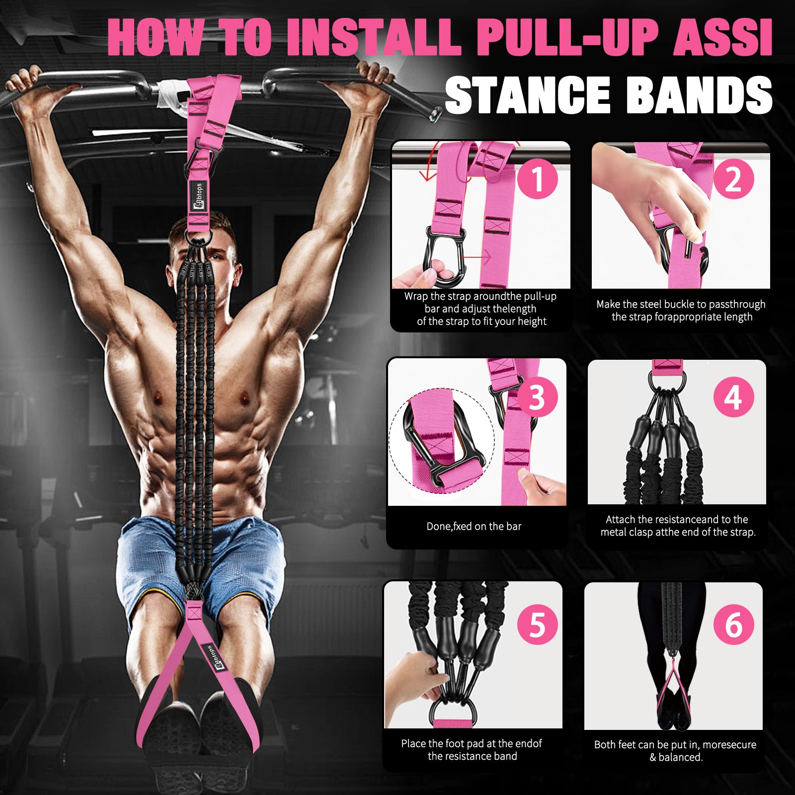 Pull Up Assistance Bands Set, 300 lbs Max Heavy Duty Resistance Bands with Adjustable Strap, Non-Slip Handle & Door Anchor, Full Body Strength Training Workout Equipment for Home Gym Fitness Pink