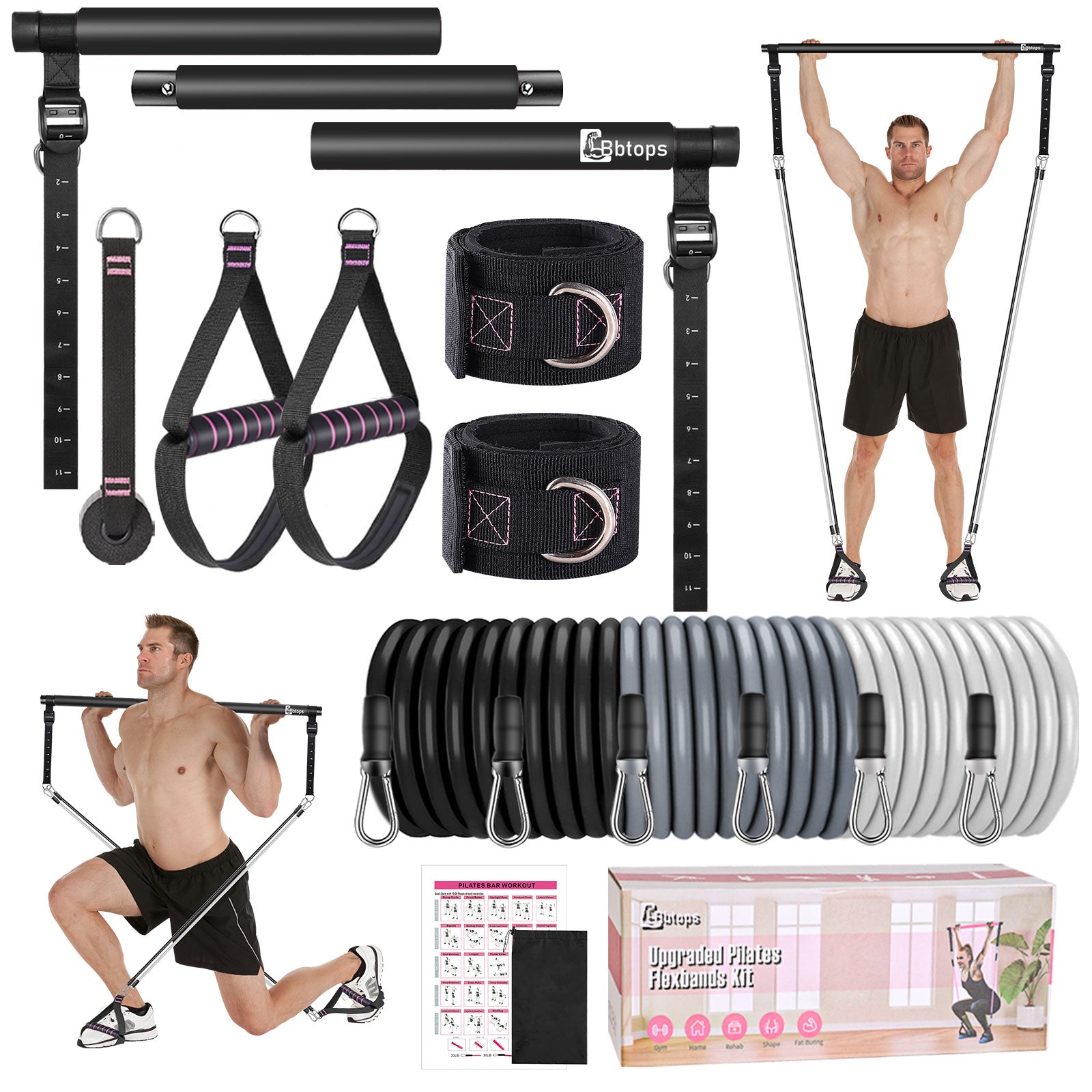 Bbtops Pilates Bar Kit with 6x Resistance Bands (20lbs/30lbs/50lbs)