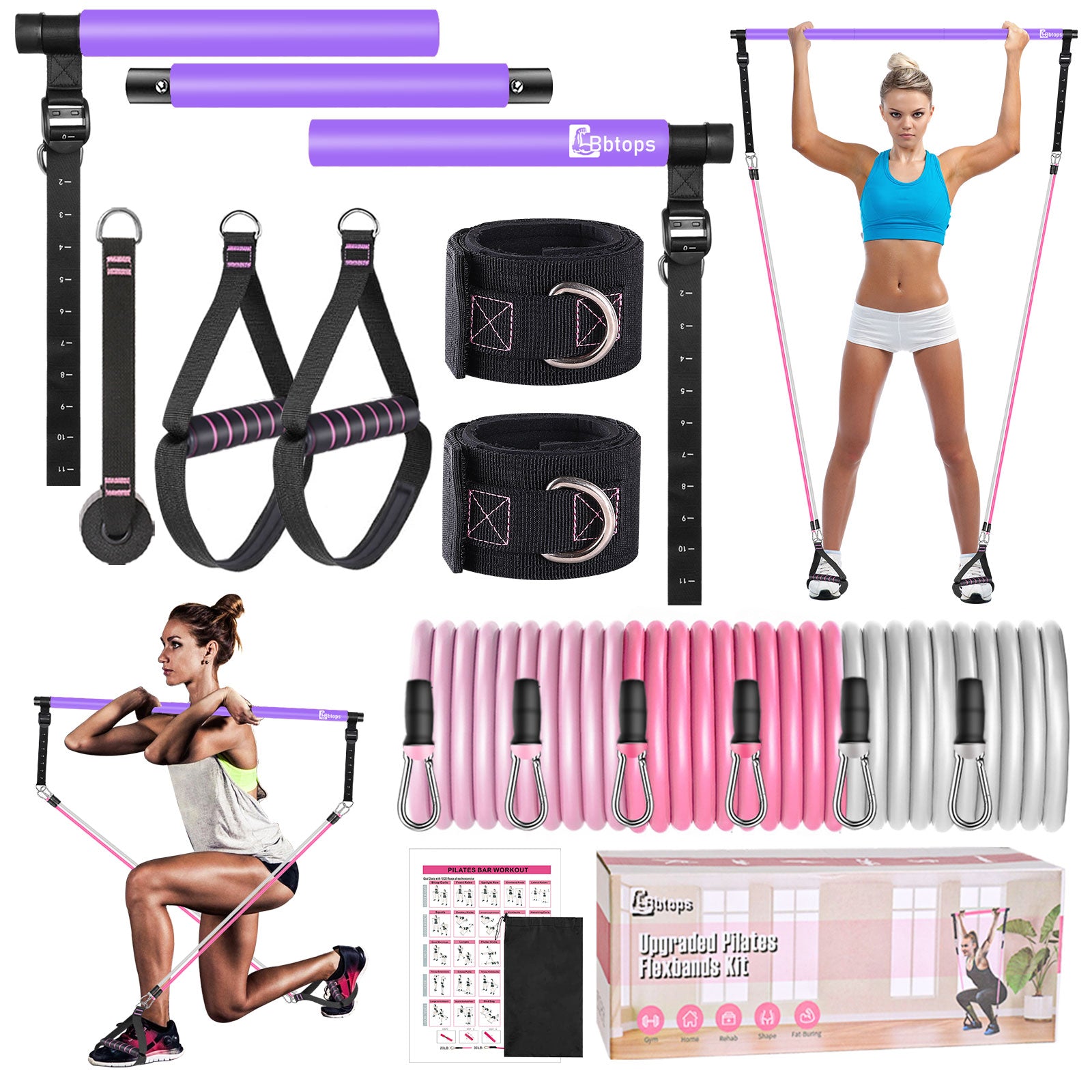 Bbtops Pilates Bar Kit with 6x Resistance Bands (20lbs/30lbs/50lbs)
