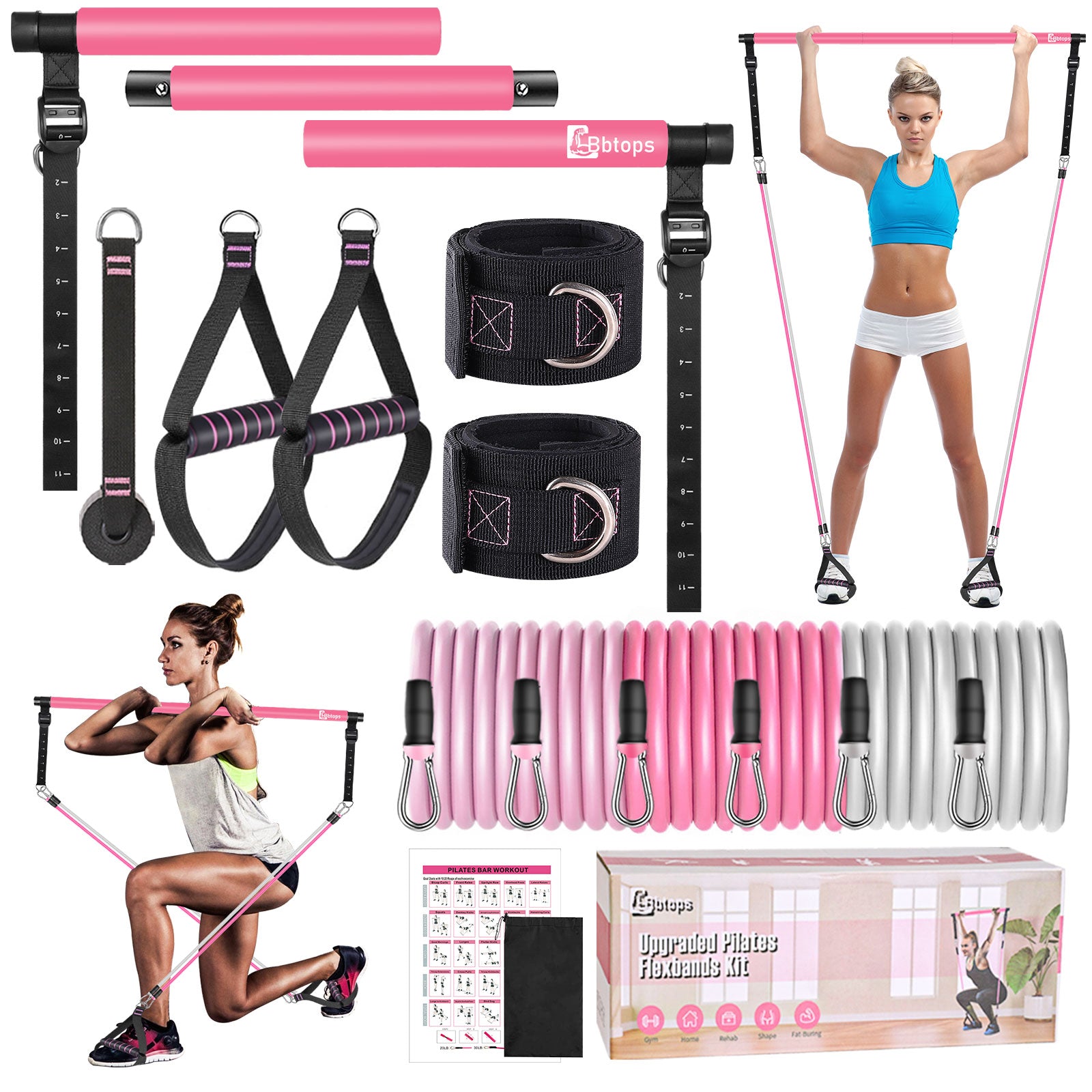 Bbtops Pilates Bar Kit with 6x Resistance Bands (20lbs/30lbs/50lbs)