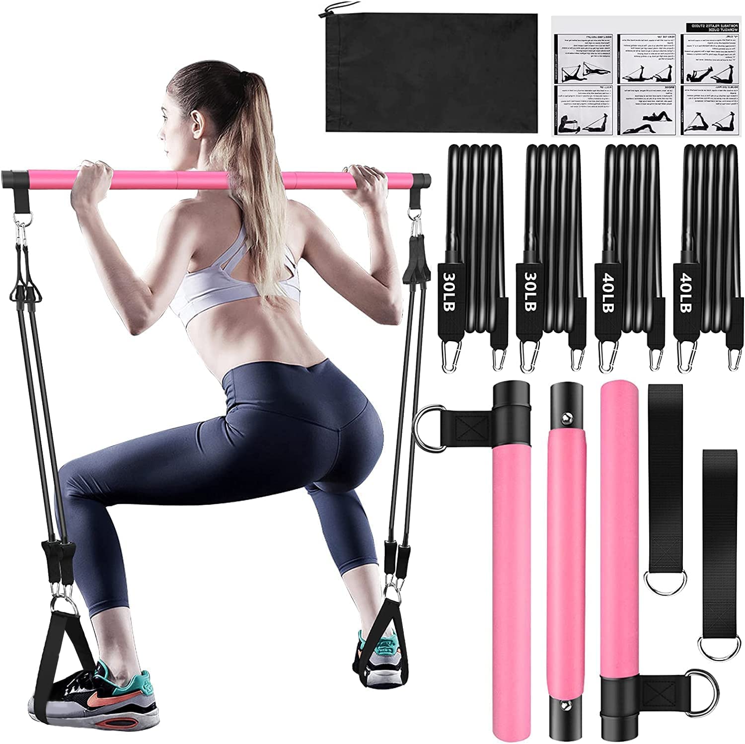 Pilates Bar Kit with 4xResistance Bands (30lbs/40lbs)