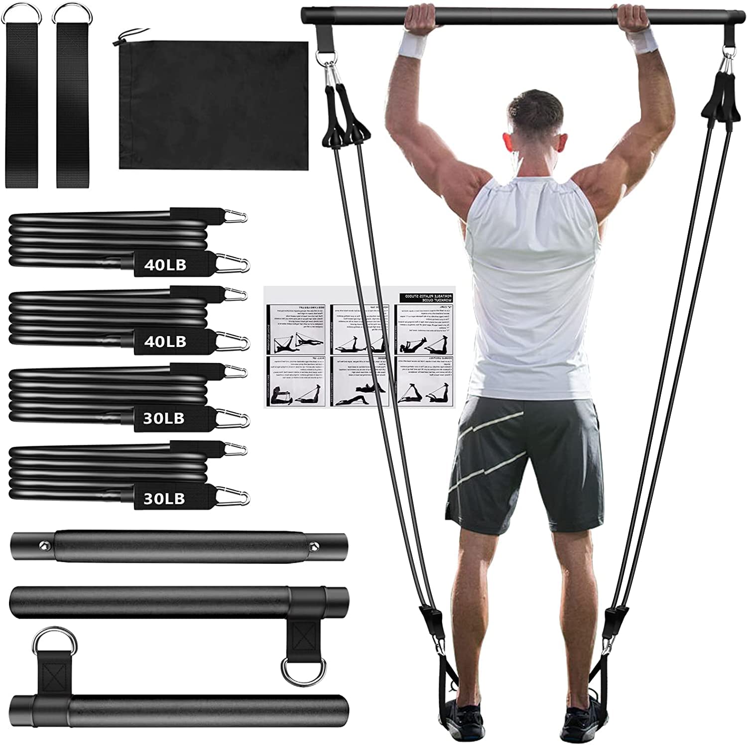 Pilates Bar Kit with 4xResistance Bands (30lbs/40lbs)