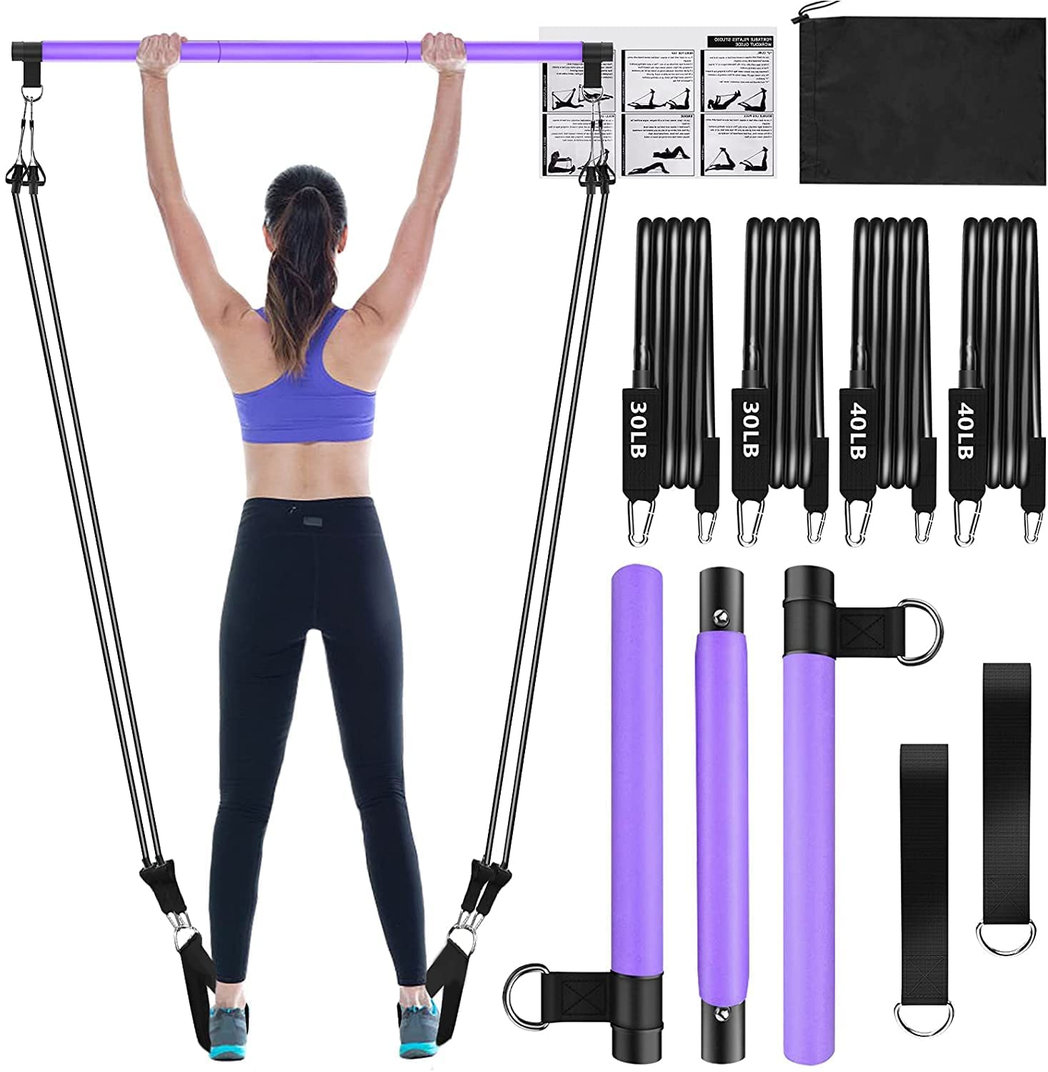 Pilates Bar Kit with 4xResistance Bands (30lbs/40lbs)