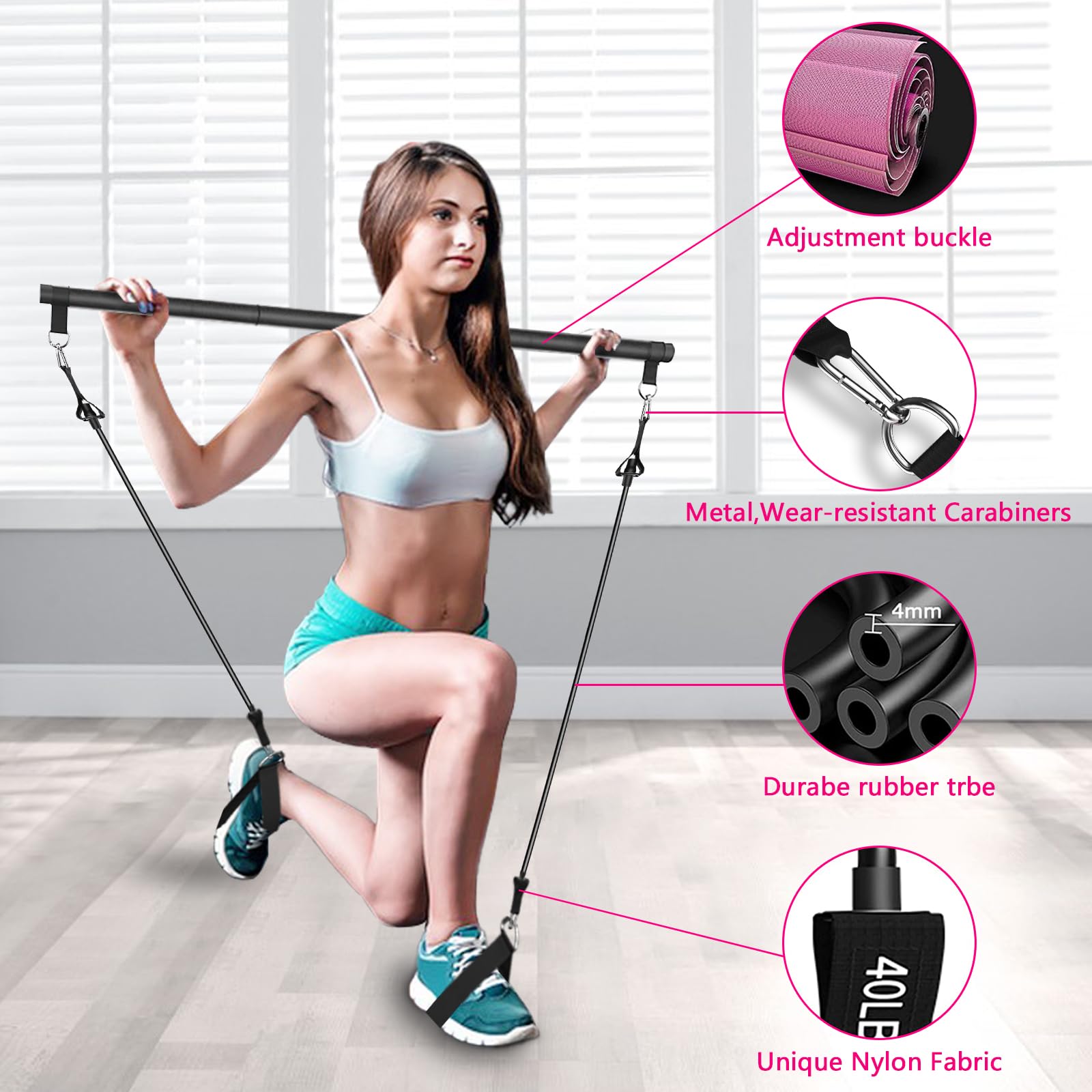 Pilates Bar Kit with 4xResistance Bands (30lbs/40lbs)