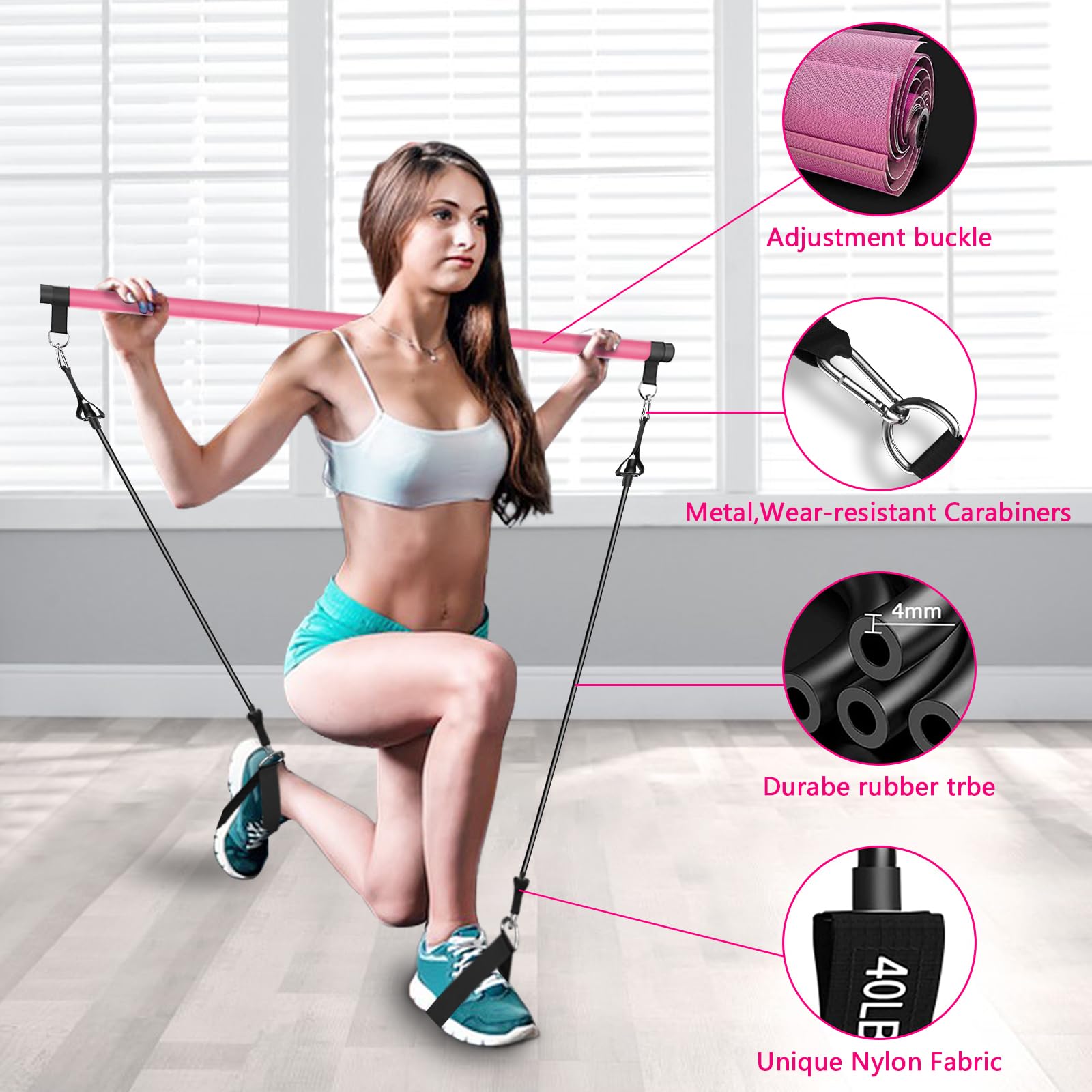 Pilates Bar Kit with 4xResistance Bands (30lbs/40lbs)