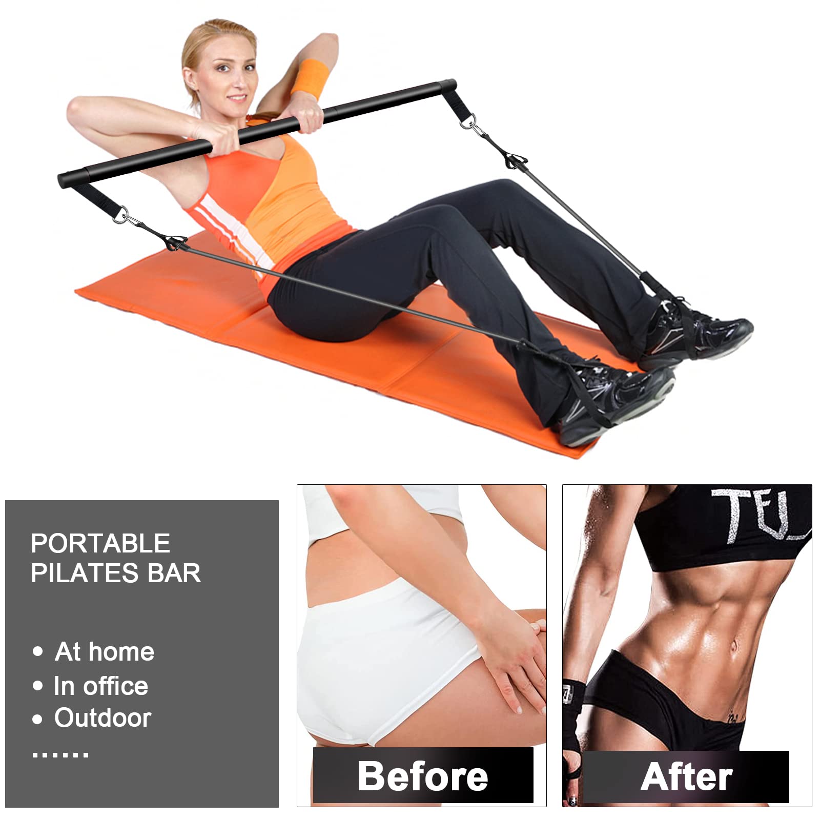 Pilates Bar Kit with 4xResistance Bands (30lbs/40lbs)