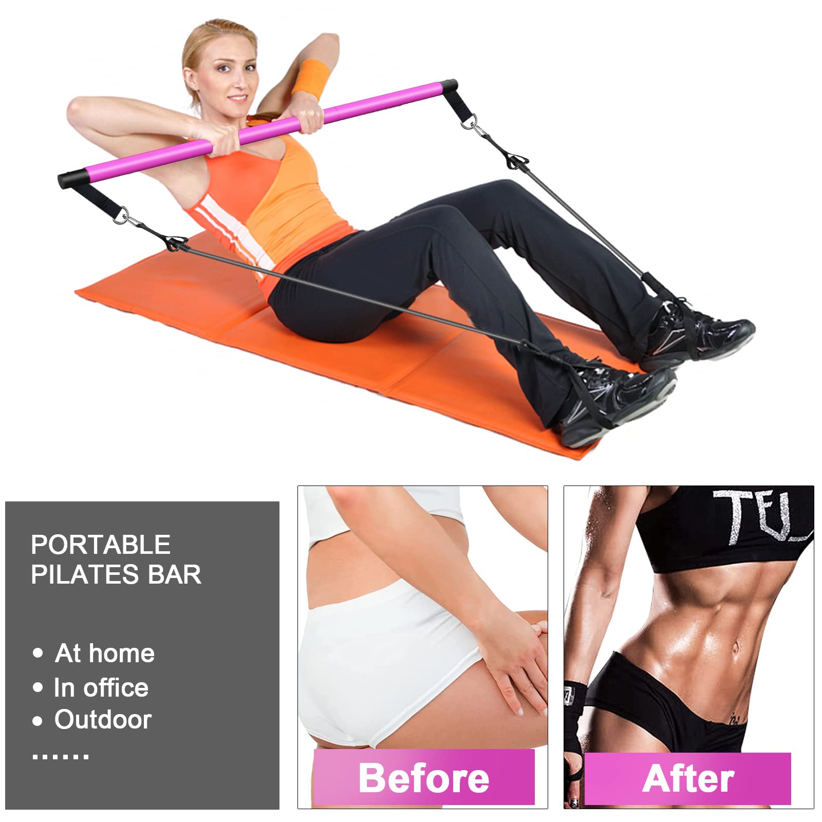 Pilates Bar Kit with 4xResistance Bands (30lbs/40lbs)