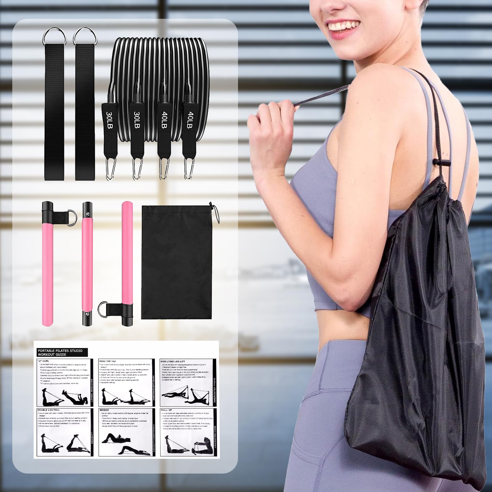 Pilates Bar Kit with 4xResistance Bands (30lbs/40lbs)