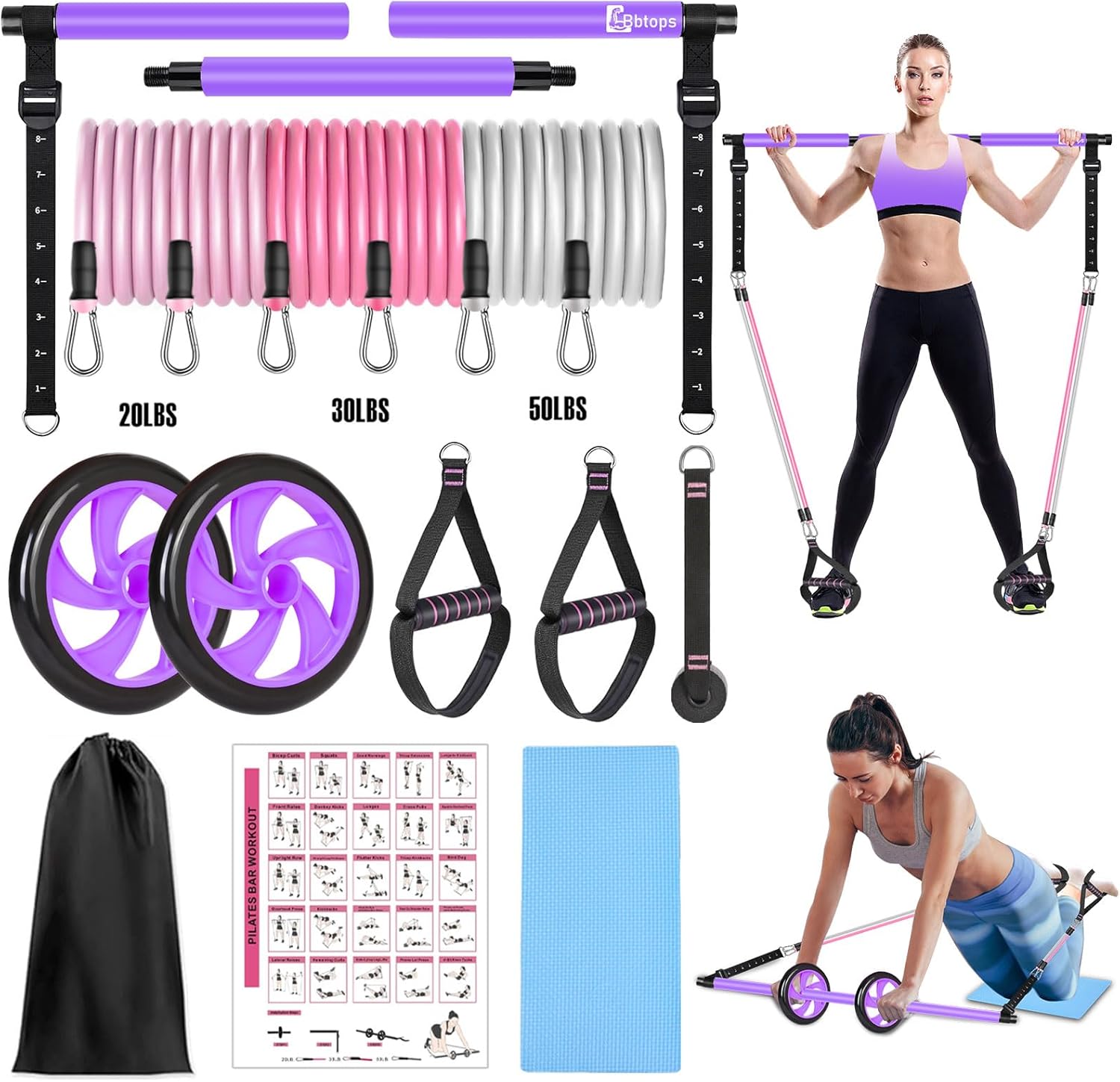 Bbtops Pilates Bar Kit with 6x Resistance Bands and Ab Roller