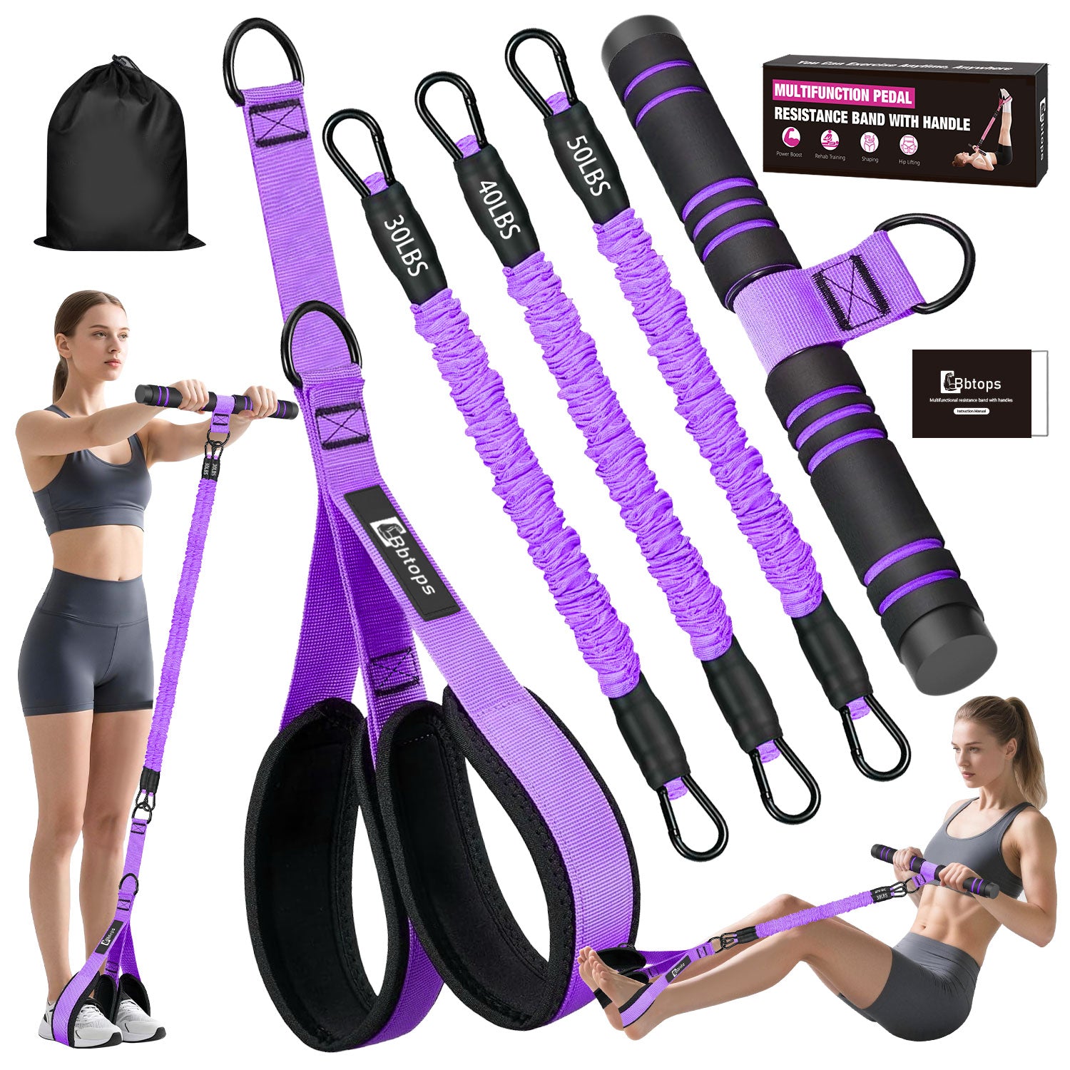 Bbtops Pedal Resistance Band with Handle, 30-120LBS Adjustable 3-Tube Foot Resistance Bands for Home Workout, Core Abs Legs Arms Training, Portable Sit Up Exercise Equipment for Women Men Purple
