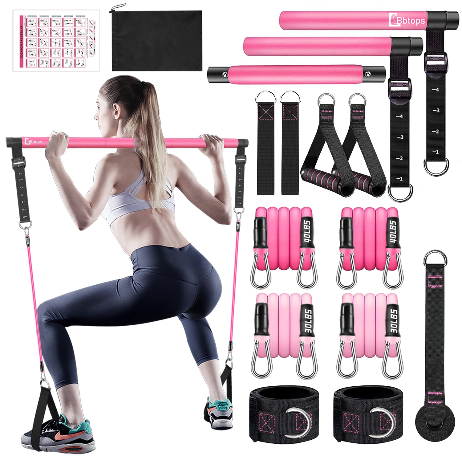 Bbtops Pilates Bar Kit with Resistance Bands,Pilates Bar with Stackable Bands Workout Equipment for Legs,Hip,Waist and Arm,Exercise Fitness Equipment for Women & Men Home Gym Yoga Pilates Pink