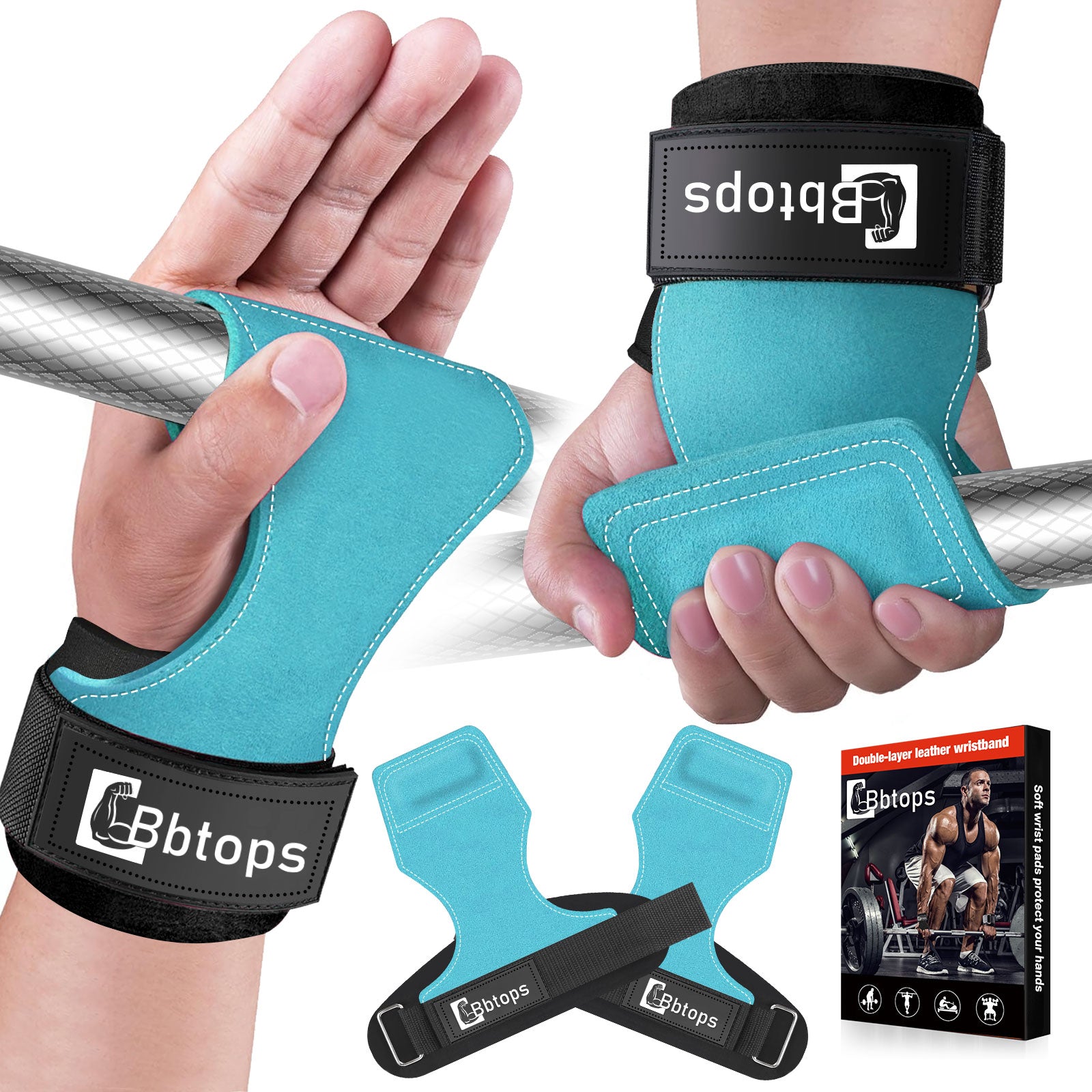 Weight Lifting Wrist Strap, Double-Layer Leather Wrist Straps for Gym Strength Training Weightlifting,Deadlift and Powerlifting, Enhance Grip Strength Neoprene Padding Gym Workout Lifting Straps Men/Women Pair Blue