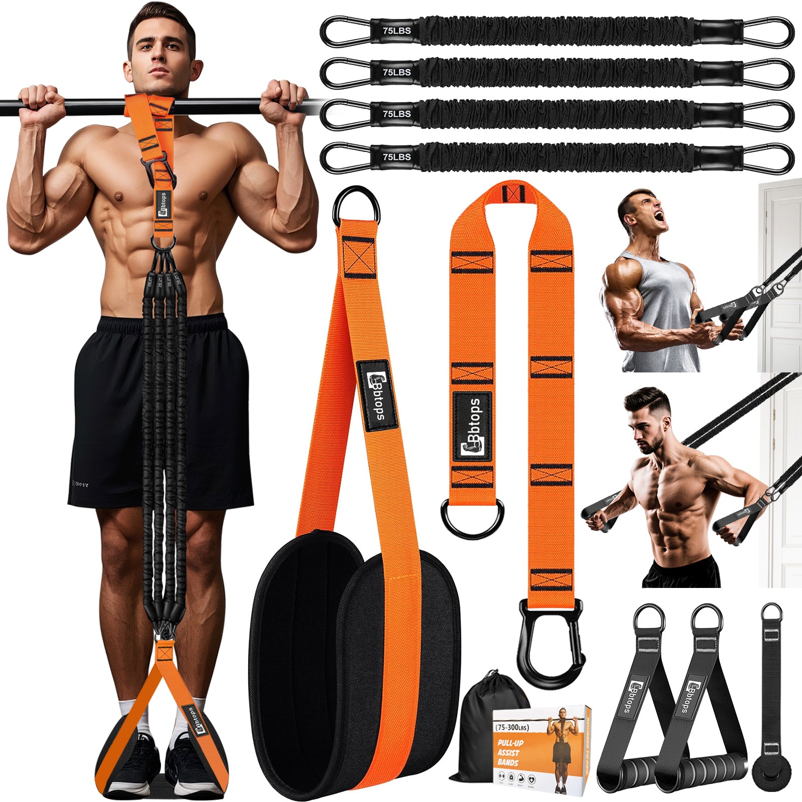 Pull Up Assistance Bands Set, 300 lbs Max Heavy Duty Resistance Bands with Adjustable Strap, Non-Slip Handle & Door Anchor, Full Body Strength Training Workout Equipment for Home Gym Fitness Orange