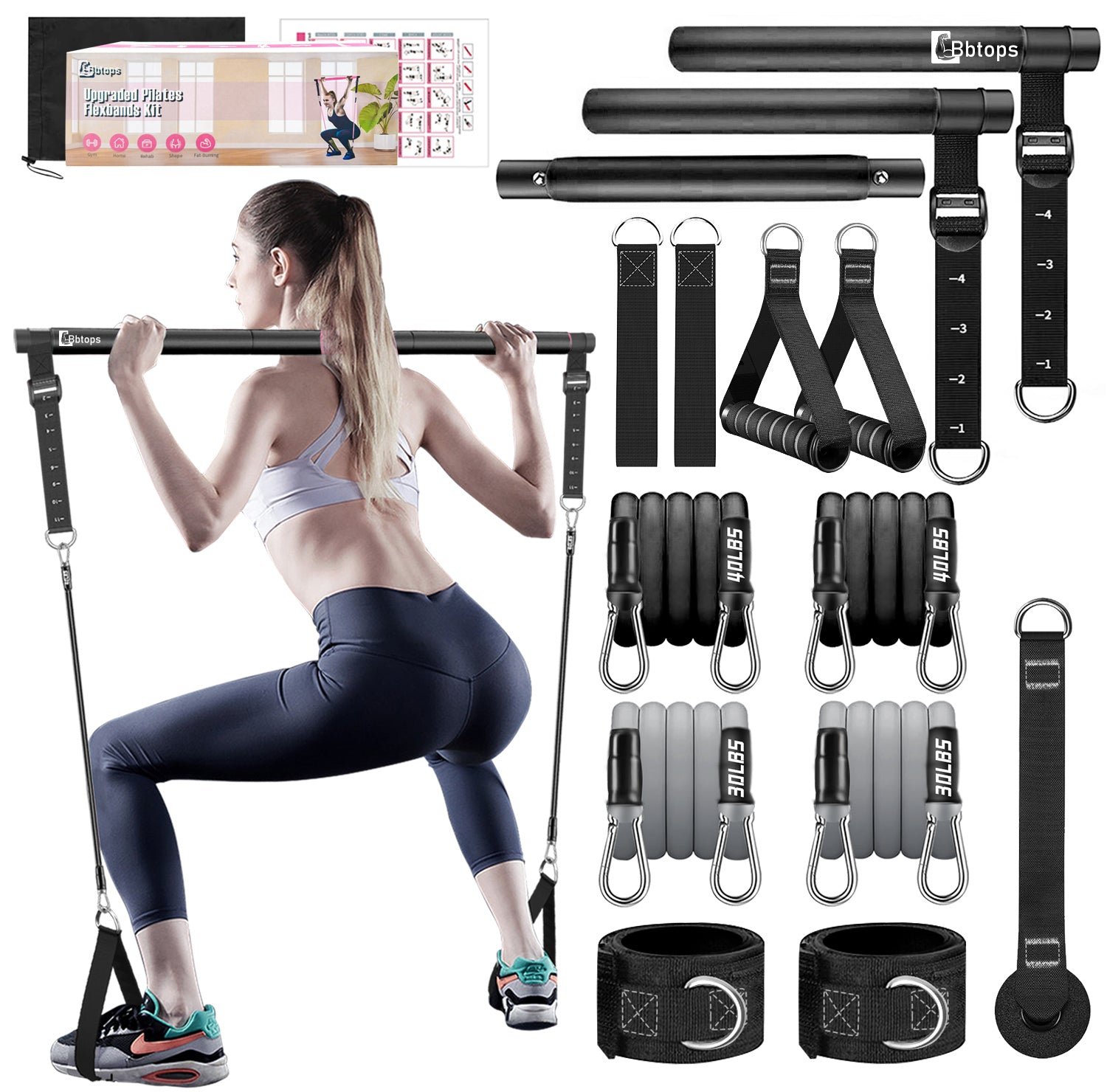 Bbtops Pilates Bar Kit with Resistance Bands,Pilates Bar with Stackable Bands Workout Equipment for Legs,Hip,Waist and Arm,Exercise Fitness Equipment for Women & Men Home Gym Yoga Pilates Black